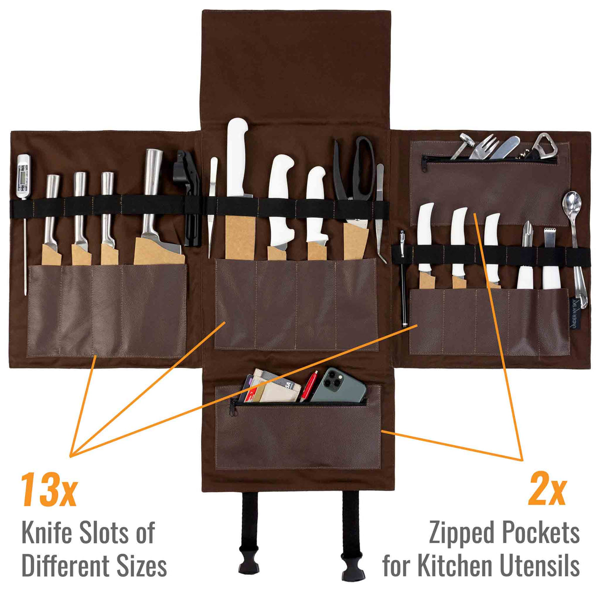 Knife Bag - Real Leather - 13 Knife Slots, 2 Zipped Pockets, Laptop Pocket - Expandable - Under NY Sky