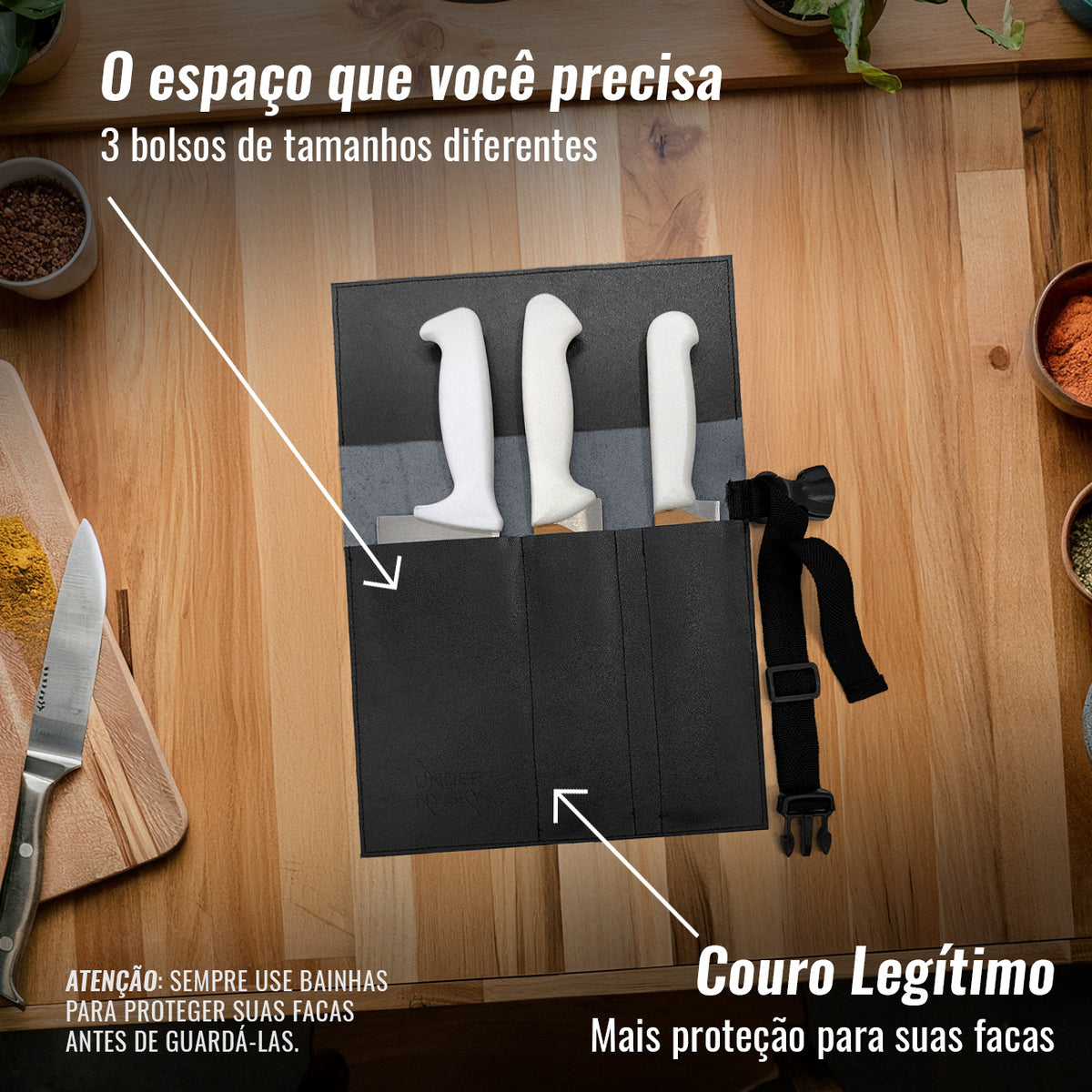 Estojo Porta Facas em Couro Legítimo - 1, 2, 3, 4 ou 6 Bolsos - Estojo Case de Fácil Transporte - Para Facas, Utensílios, Cozinha, Chefs, BBQ -  Under NY Sky