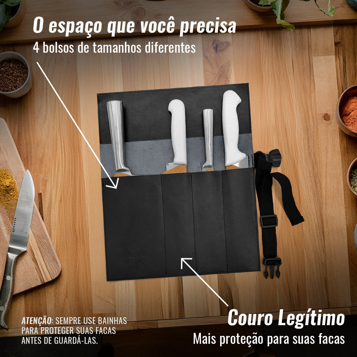 Estojo Porta Facas em Couro Legítimo - 1, 2, 3, 4 ou 6 Bolsos - Estojo Case de Fácil Transporte - Para Facas, Utensílios, Cozinha, Chefs, BBQ -  Under NY Sky