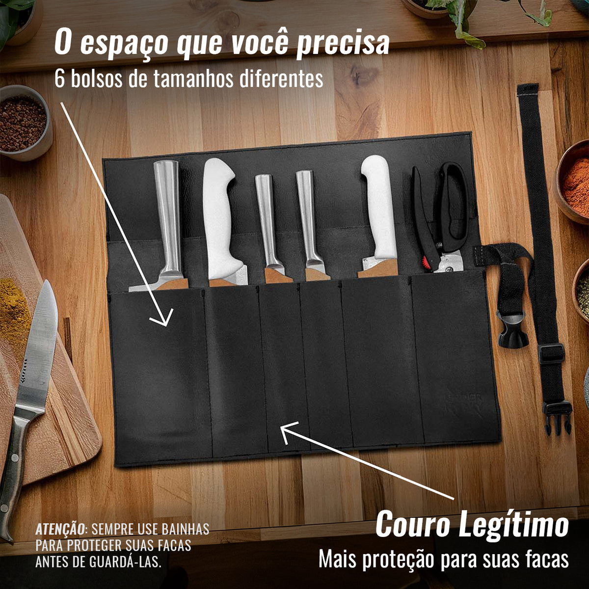 Estojo Porta Facas em Couro Legítimo - 1, 2, 3, 4 ou 6 Bolsos - Estojo Case de Fácil Transporte - Para Facas, Utensílios, Cozinha, Chefs, BBQ -  Under NY Sky