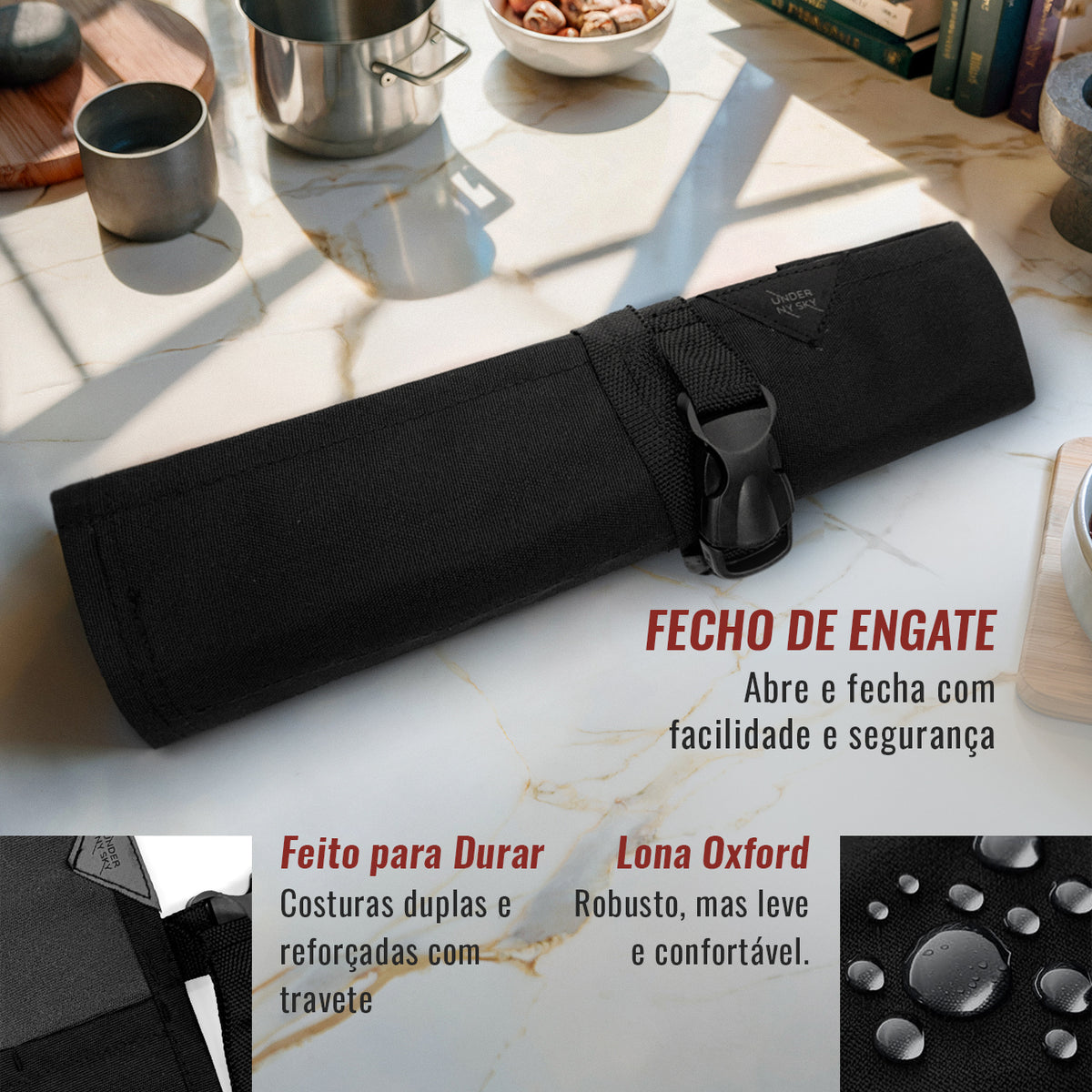 Estojo Porta Faca - 1, 2, 3, 4 ou 6 Bolsos - Bolsa Portátil em Lona Oxford Resistente para Ferramentas de Cozinha, Utensílios, Case Rolo para Facas - Chef, Grill, Churrasco -  Under NY Sky