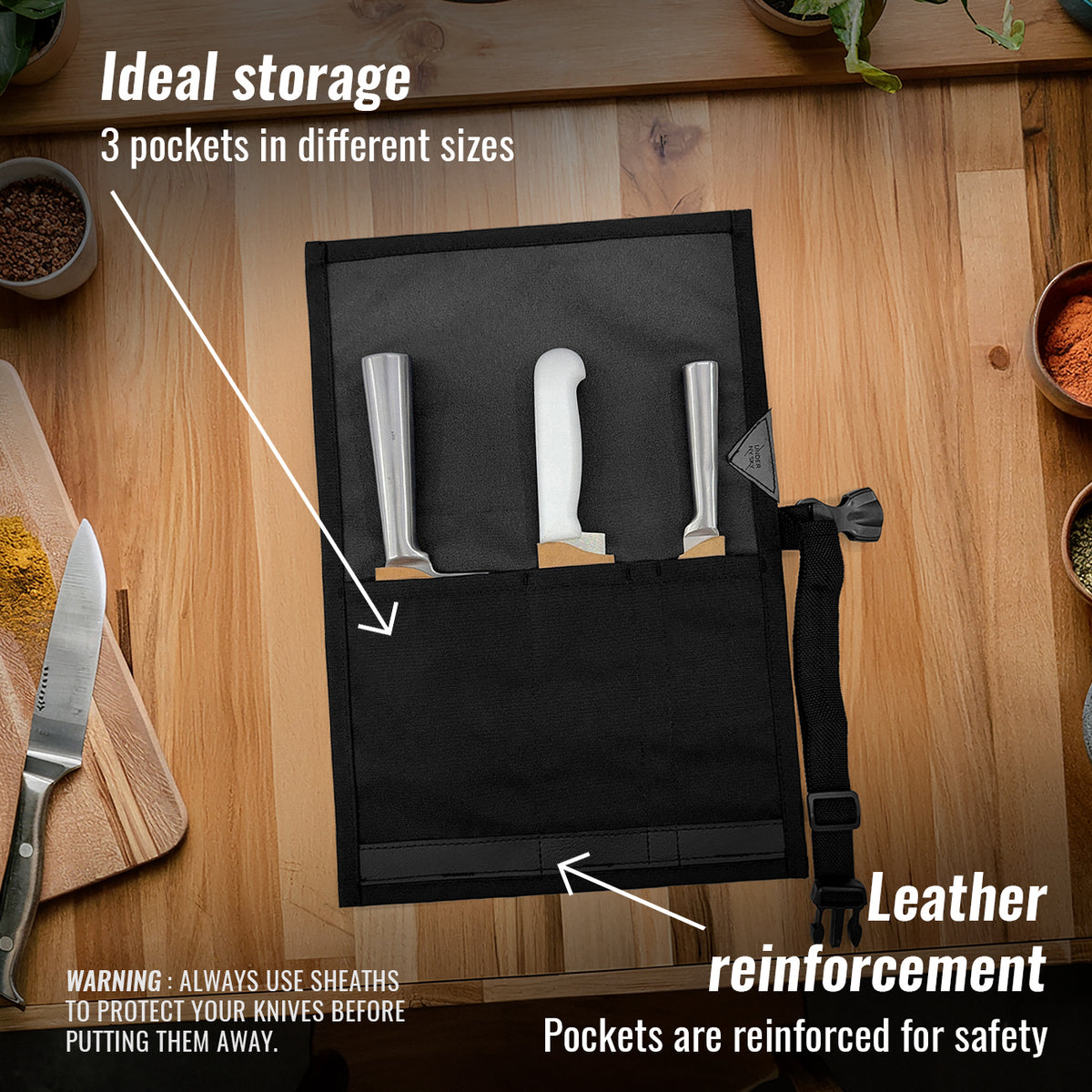 Estojo Porta Faca - 1, 2, 3, 4 ou 6 Bolsos - Bolsa Portátil em Lona Oxford Resistente para Ferramentas de Cozinha, Utensílios, Case Rolo para Facas - Chef, Grill, Churrasco -  Under NY Sky