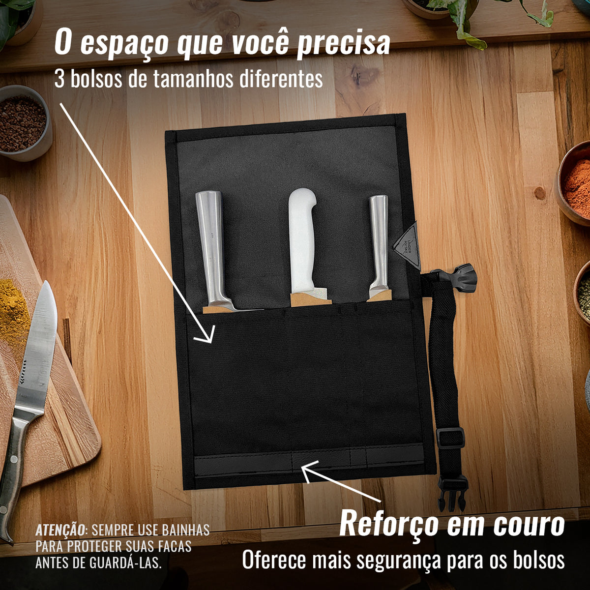 Estojo Porta Faca - 1, 2, 3, 4 ou 6 Bolsos - Bolsa Portátil em Lona Oxford Resistente para Ferramentas de Cozinha, Utensílios, Case Rolo para Facas - Chef, Grill, Churrasco -  Under NY Sky