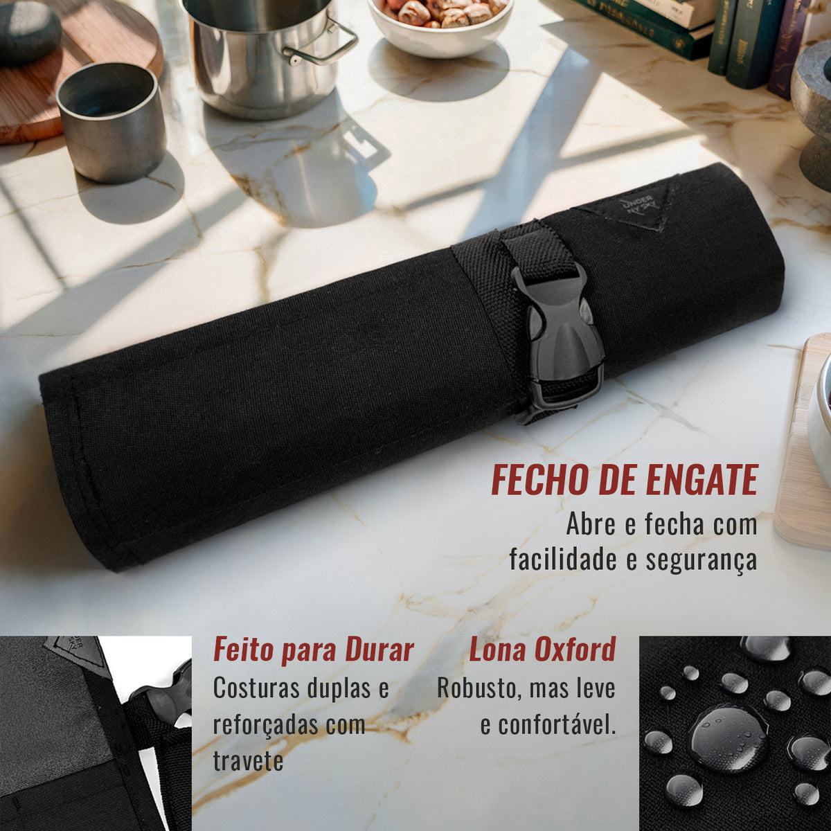 Estojo Porta Faca - 1, 2, 3, 4 ou 6 Bolsos - Bolsa Portátil em Lona Oxford Resistente para Ferramentas de Cozinha, Utensílios, Case Rolo para Facas - Chef, Grill, Churrasco -  Under NY Sky