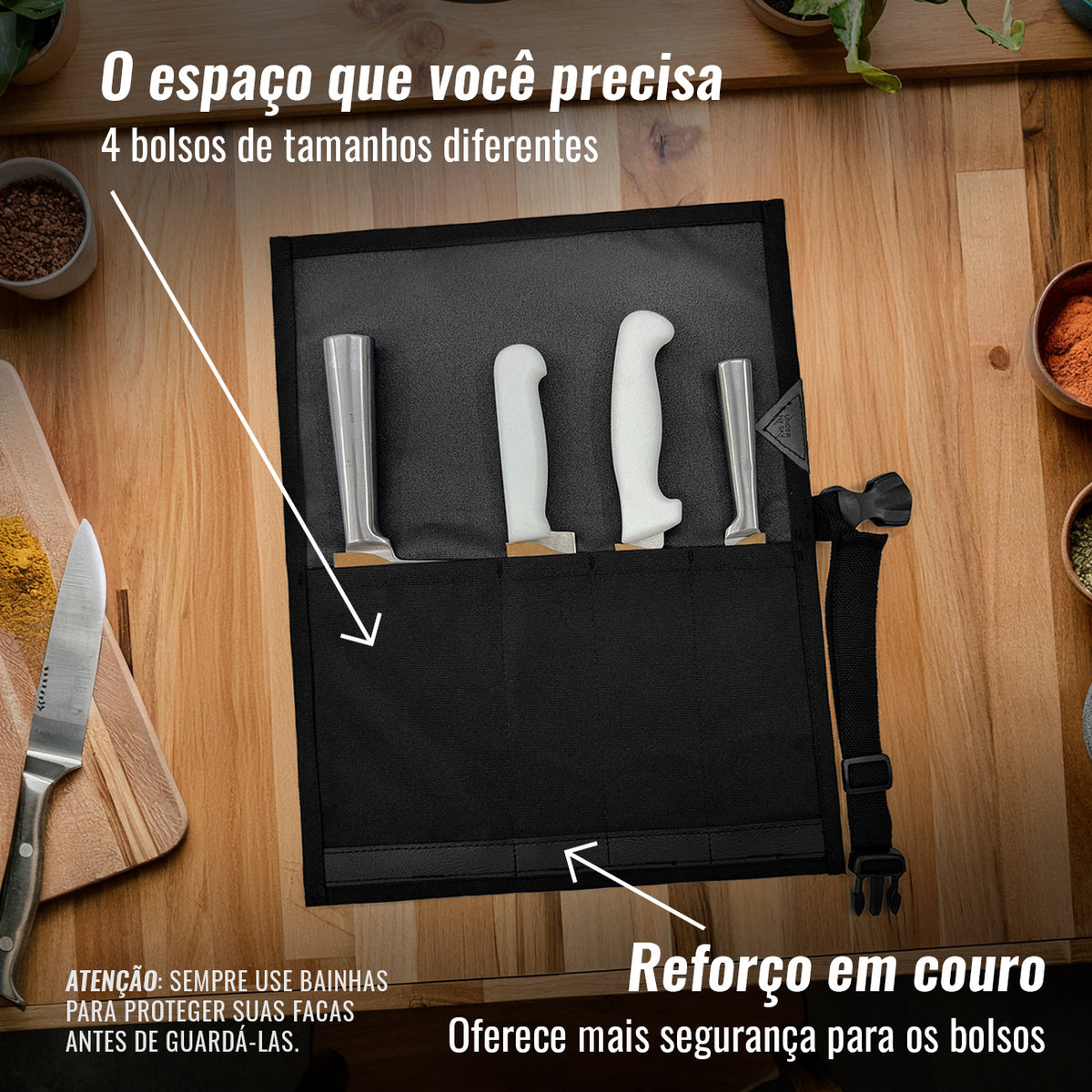 Estojo Porta Faca - 1, 2, 3, 4 ou 6 Bolsos - Bolsa Portátil em Lona Oxford Resistente para Ferramentas de Cozinha, Utensílios, Case Rolo para Facas - Chef, Grill, Churrasco -  Under NY Sky