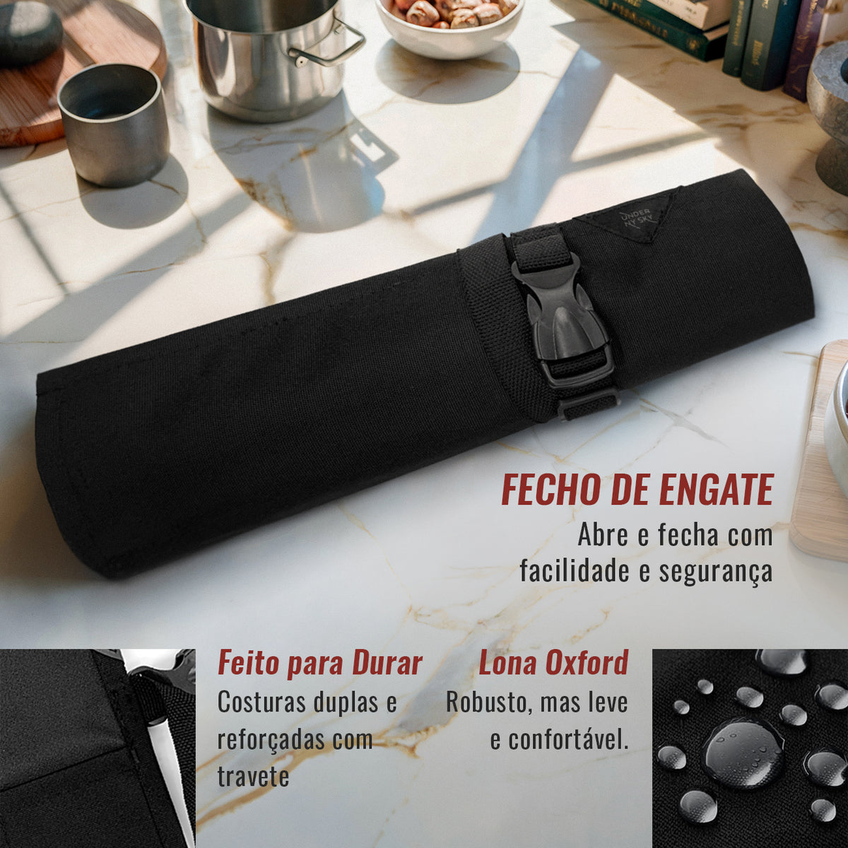 Estojo Porta Faca - 1, 2, 3, 4 ou 6 Bolsos - Bolsa Portátil em Lona Oxford Resistente para Ferramentas de Cozinha, Utensílios, Case Rolo para Facas - Chef, Grill, Churrasco -  Under NY Sky