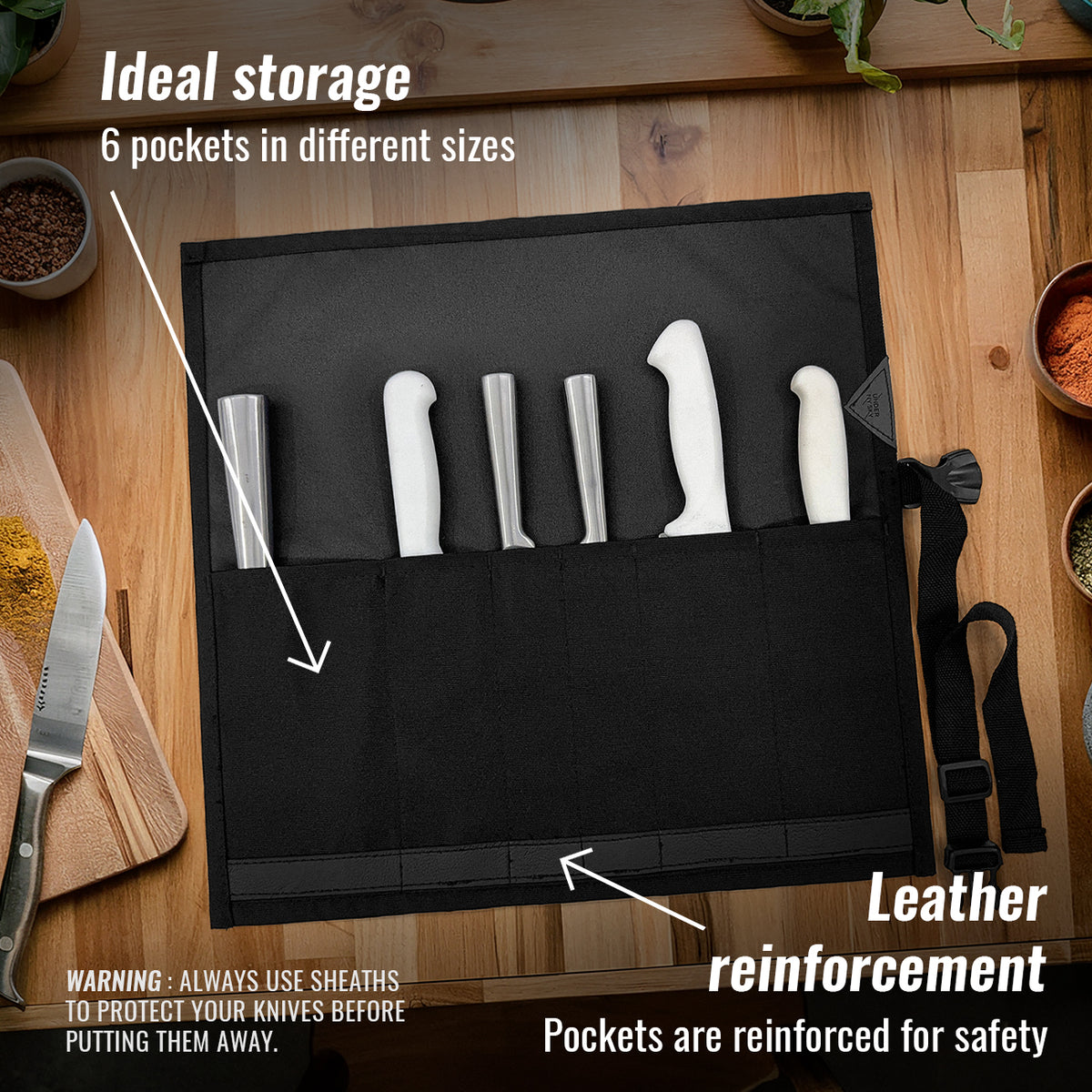 Estojo Porta Faca - 1, 2, 3, 4 ou 6 Bolsos - Bolsa Portátil em Lona Oxford Resistente para Ferramentas de Cozinha, Utensílios, Case Rolo para Facas - Chef, Grill, Churrasco -  Under NY Sky