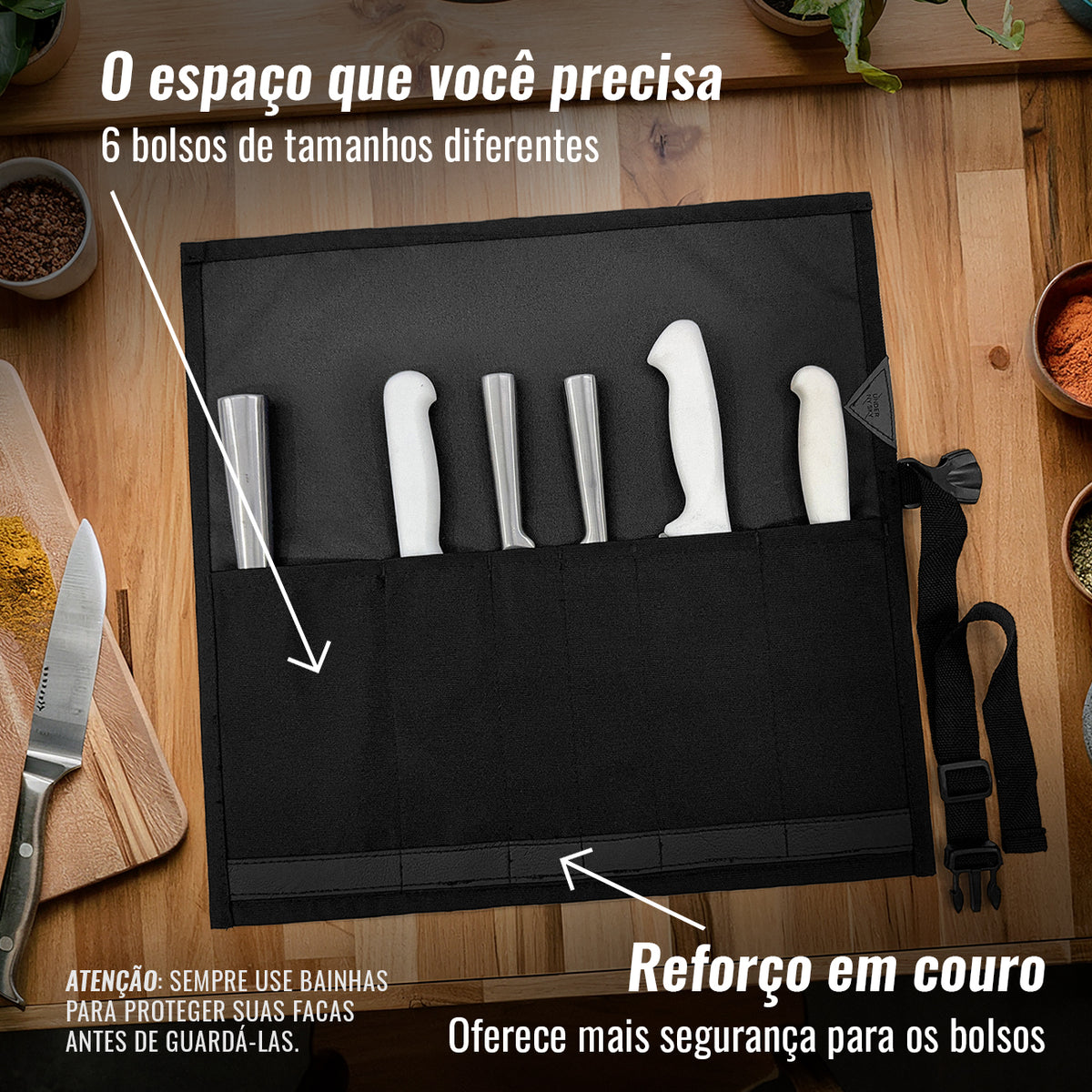 Estojo Porta Faca - 1, 2, 3, 4 ou 6 Bolsos - Bolsa Portátil em Lona Oxford Resistente para Ferramentas de Cozinha, Utensílios, Case Rolo para Facas - Chef, Grill, Churrasco -  Under NY Sky