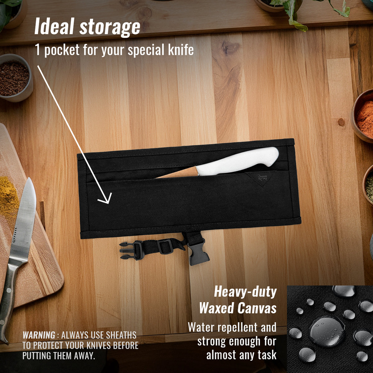 Estojo Porta Facas - 1, 2, 3, 4 ou 6 Bolsos - Bolsa Portátil em Lona Parafinada para Ferramentas de Cozinha, Utensílios, Case Rolo para Facas - Chefs, Grill, Churrasco -  Under NY Sky