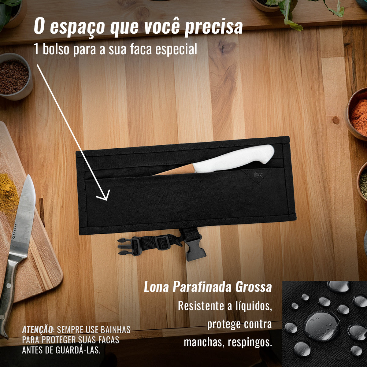 Estojo Porta Facas - 1, 2, 3, 4 ou 6 Bolsos - Bolsa Portátil em Lona Parafinada para Ferramentas de Cozinha, Utensílios, Case Rolo para Facas - Chefs, Grill, Churrasco -  Under NY Sky