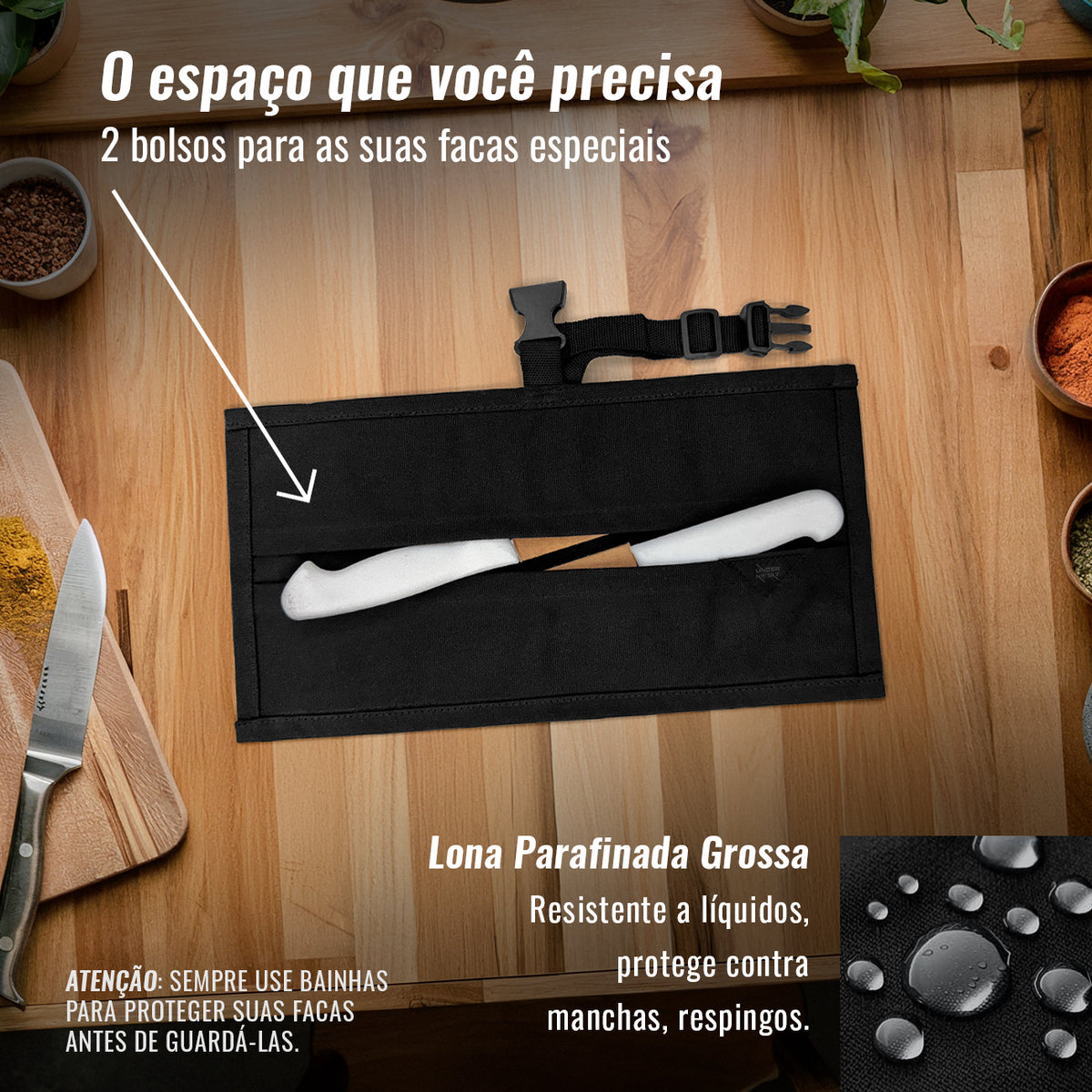 Estojo Porta Facas - 1, 2, 3, 4 ou 6 Bolsos - Bolsa Portátil em Lona Parafinada para Ferramentas de Cozinha, Utensílios, Case Rolo para Facas - Chefs, Grill, Churrasco -  Under NY Sky