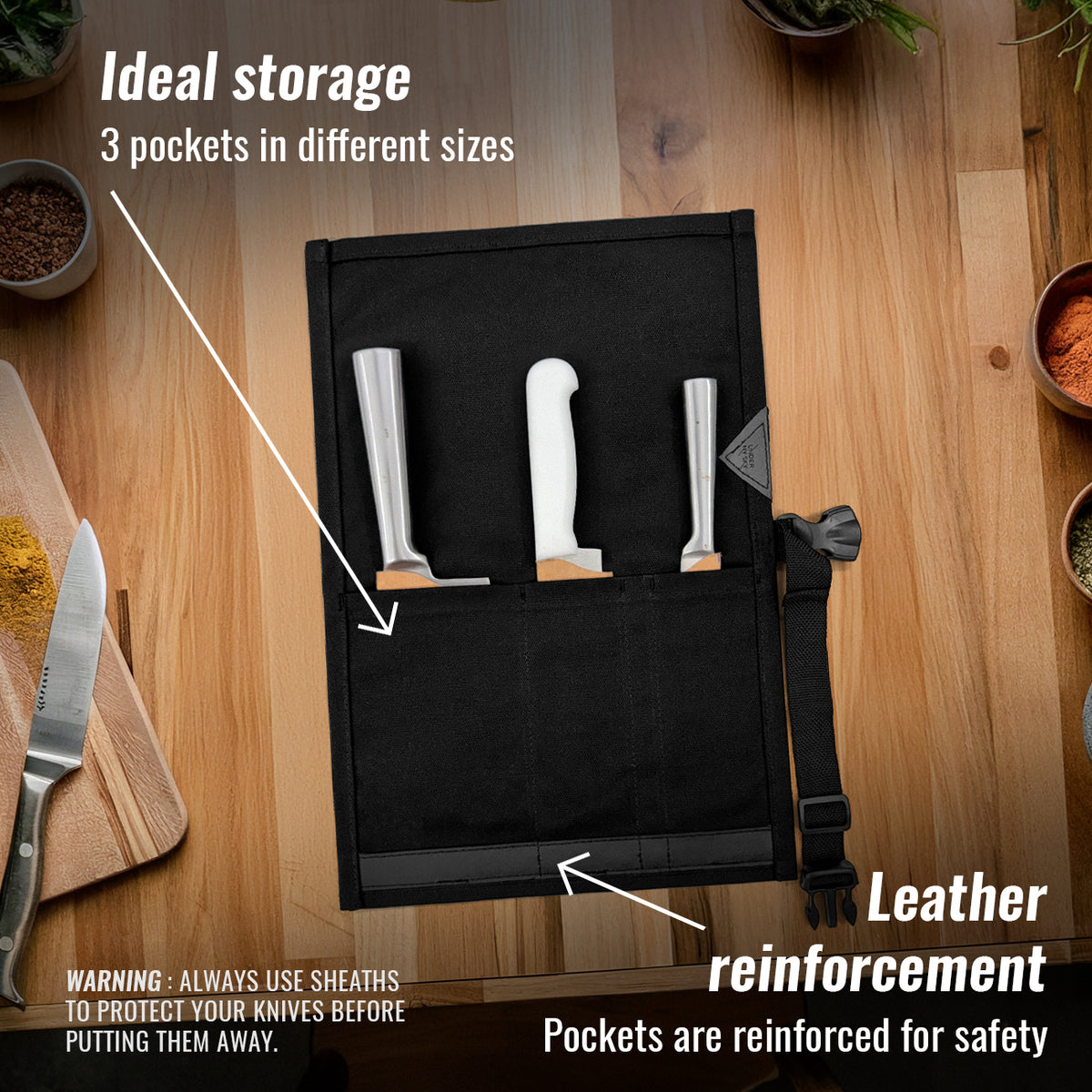 Estojo Porta Facas - 1, 2, 3, 4 ou 6 Bolsos - Bolsa Portátil em Lona Parafinada para Ferramentas de Cozinha, Utensílios, Case Rolo para Facas - Chefs, Grill, Churrasco -  Under NY Sky