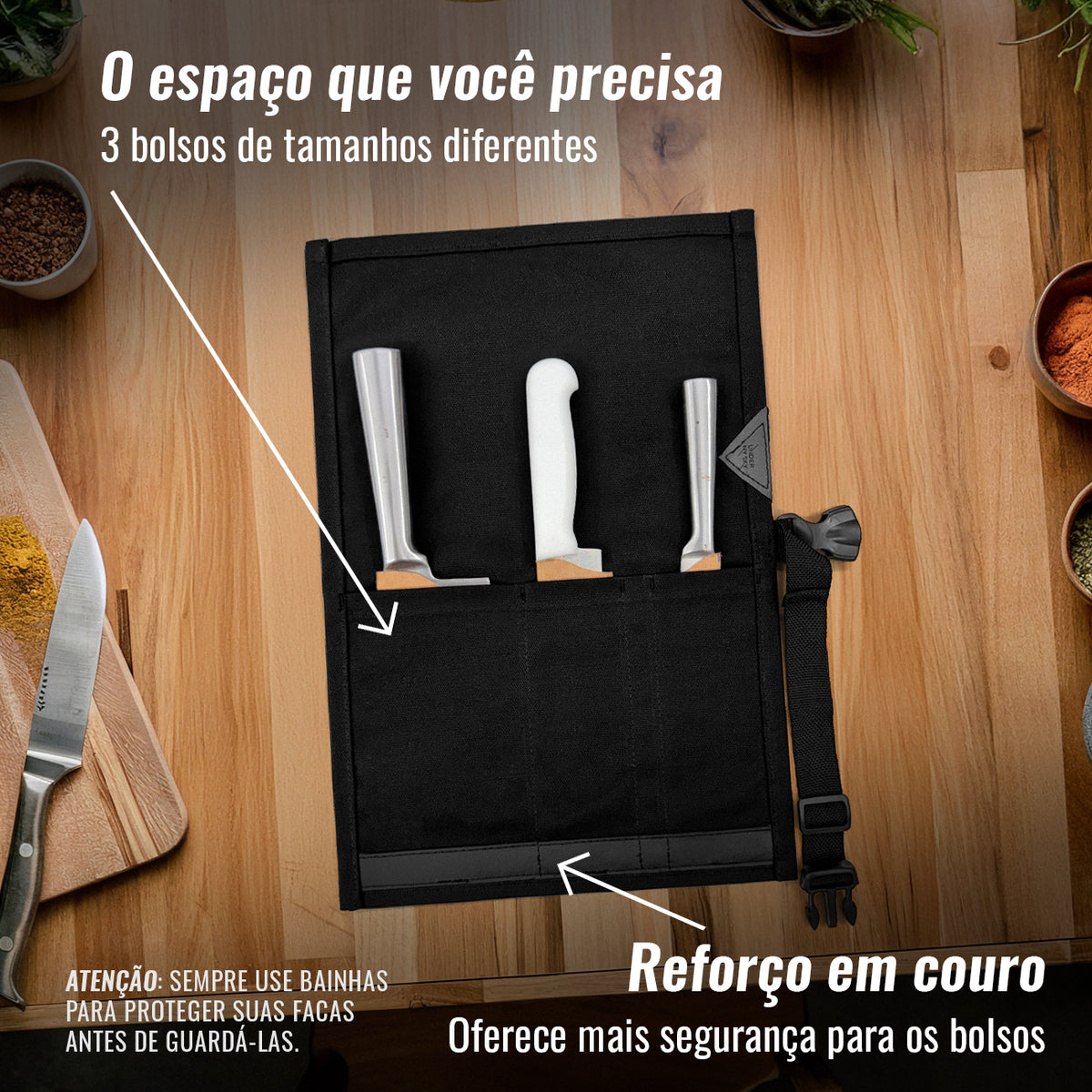 Estojo Porta Facas - 1, 2, 3, 4 ou 6 Bolsos - Bolsa Portátil em Lona Parafinada para Ferramentas de Cozinha, Utensílios, Case Rolo para Facas - Chefs, Grill, Churrasco -  Under NY Sky