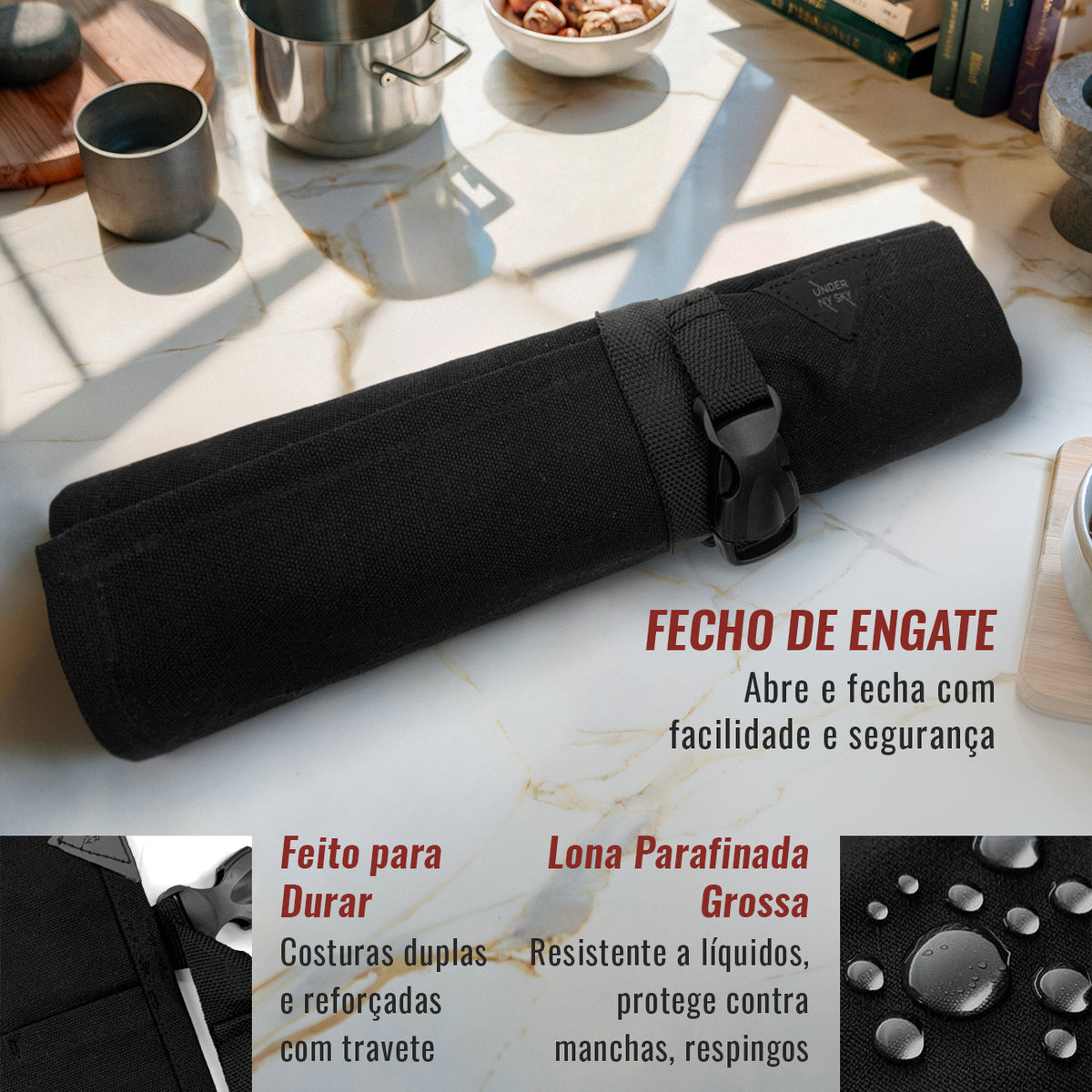Estojo Porta Facas - 1, 2, 3, 4 ou 6 Bolsos - Bolsa Portátil em Lona Parafinada para Ferramentas de Cozinha, Utensílios, Case Rolo para Facas - Chefs, Grill, Churrasco -  Under NY Sky