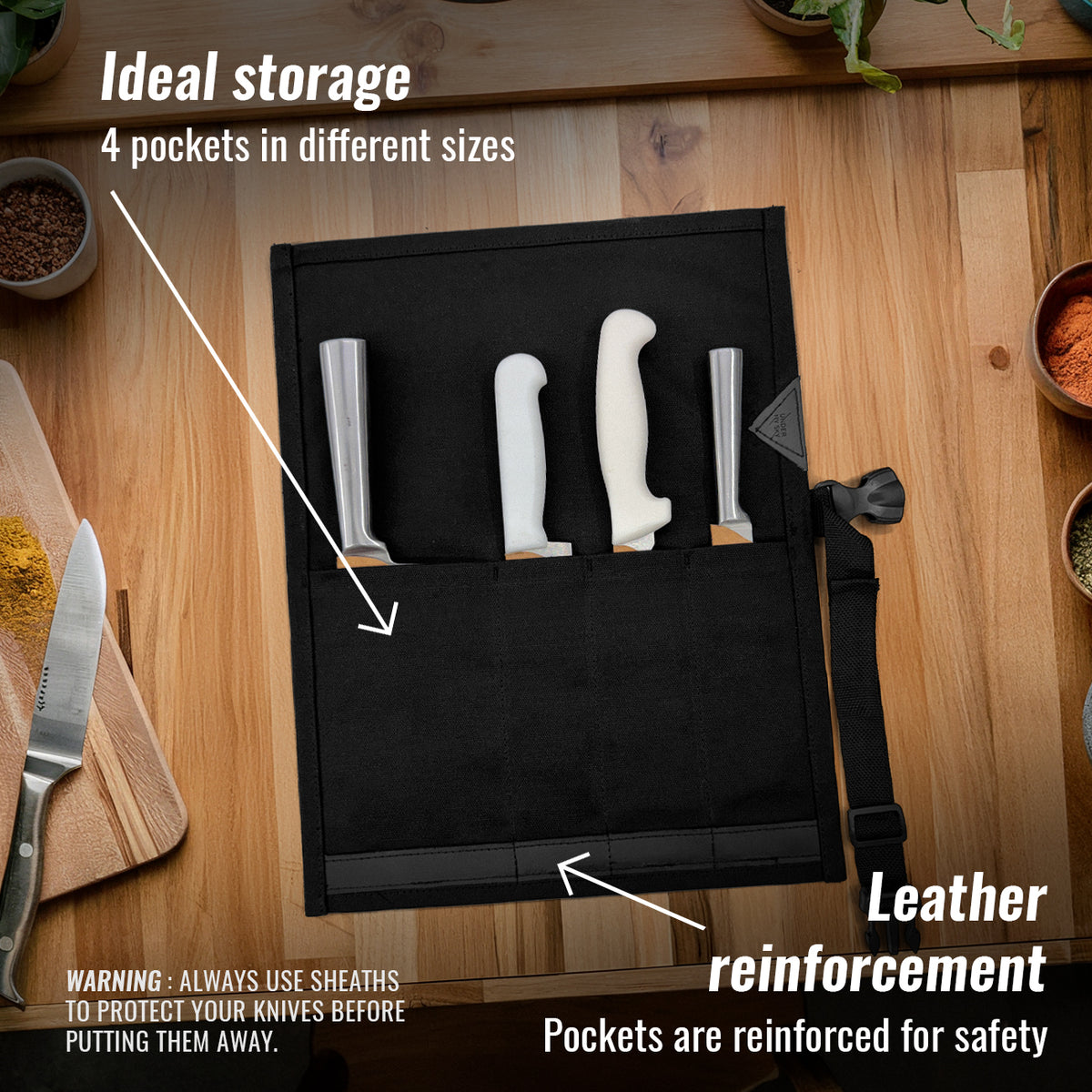 Estojo Porta Facas - 1, 2, 3, 4 ou 6 Bolsos - Bolsa Portátil em Lona Parafinada para Ferramentas de Cozinha, Utensílios, Case Rolo para Facas - Chefs, Grill, Churrasco -  Under NY Sky