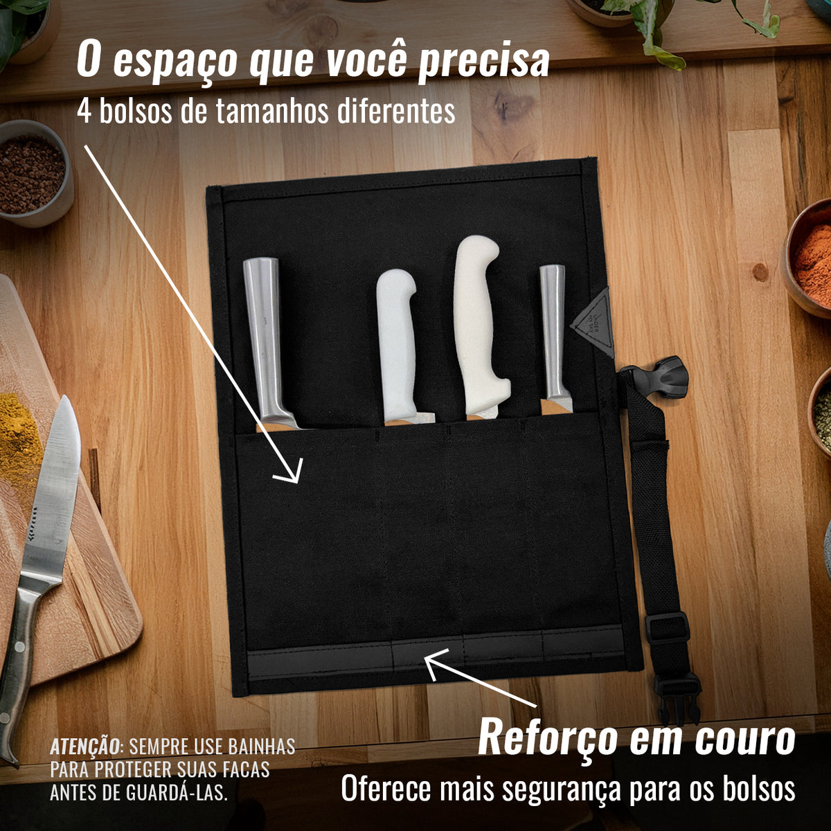 Estojo Porta Facas - 1, 2, 3, 4 ou 6 Bolsos - Bolsa Portátil em Lona Parafinada para Ferramentas de Cozinha, Utensílios, Case Rolo para Facas - Chefs, Grill, Churrasco -  Under NY Sky