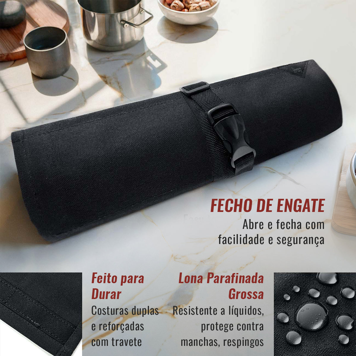 Estojo Porta Facas - 1, 2, 3, 4 ou 6 Bolsos - Bolsa Portátil em Lona Parafinada para Ferramentas de Cozinha, Utensílios, Case Rolo para Facas - Chefs, Grill, Churrasco -  Under NY Sky