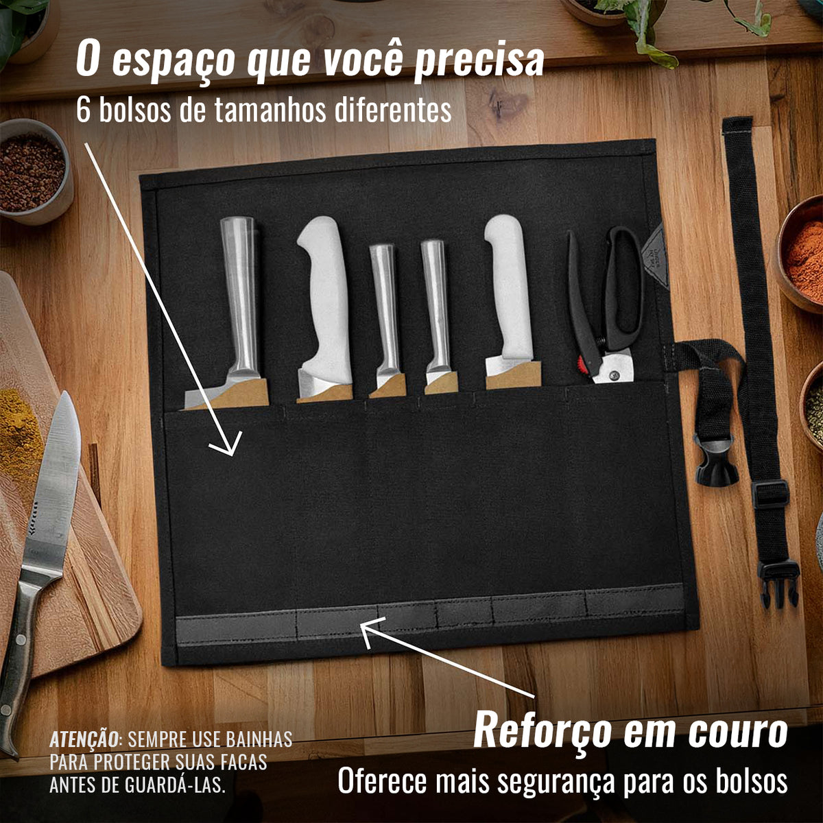 Estojo Porta Facas - 1, 2, 3, 4 ou 6 Bolsos - Bolsa Portátil em Lona Parafinada para Ferramentas de Cozinha, Utensílios, Case Rolo para Facas - Chefs, Grill, Churrasco -  Under NY Sky