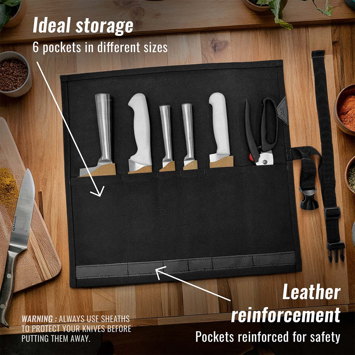Estojo Porta Facas - 1, 2, 3, 4 ou 6 Bolsos - Bolsa Portátil em Lona Parafinada para Ferramentas de Cozinha, Utensílios, Case Rolo para Facas - Chefs, Grill, Churrasco -  Under NY Sky