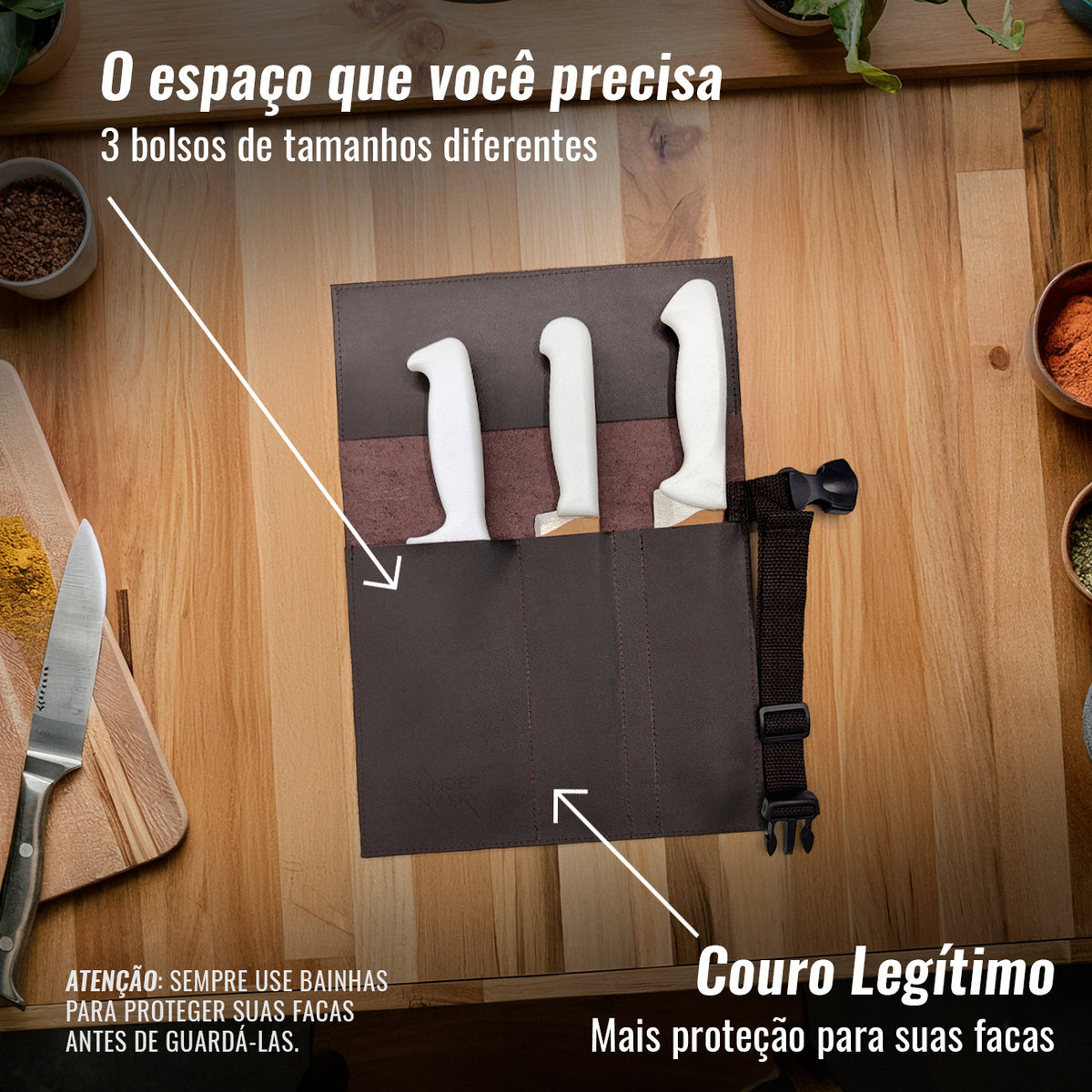Estojo Porta Facas em Couro Legítimo - 1, 2, 3, 4 ou 6 Bolsos - Estojo Case de Fácil Transporte - Para Facas, Utensílios, Cozinha, Chefs, BBQ -  Under NY Sky
