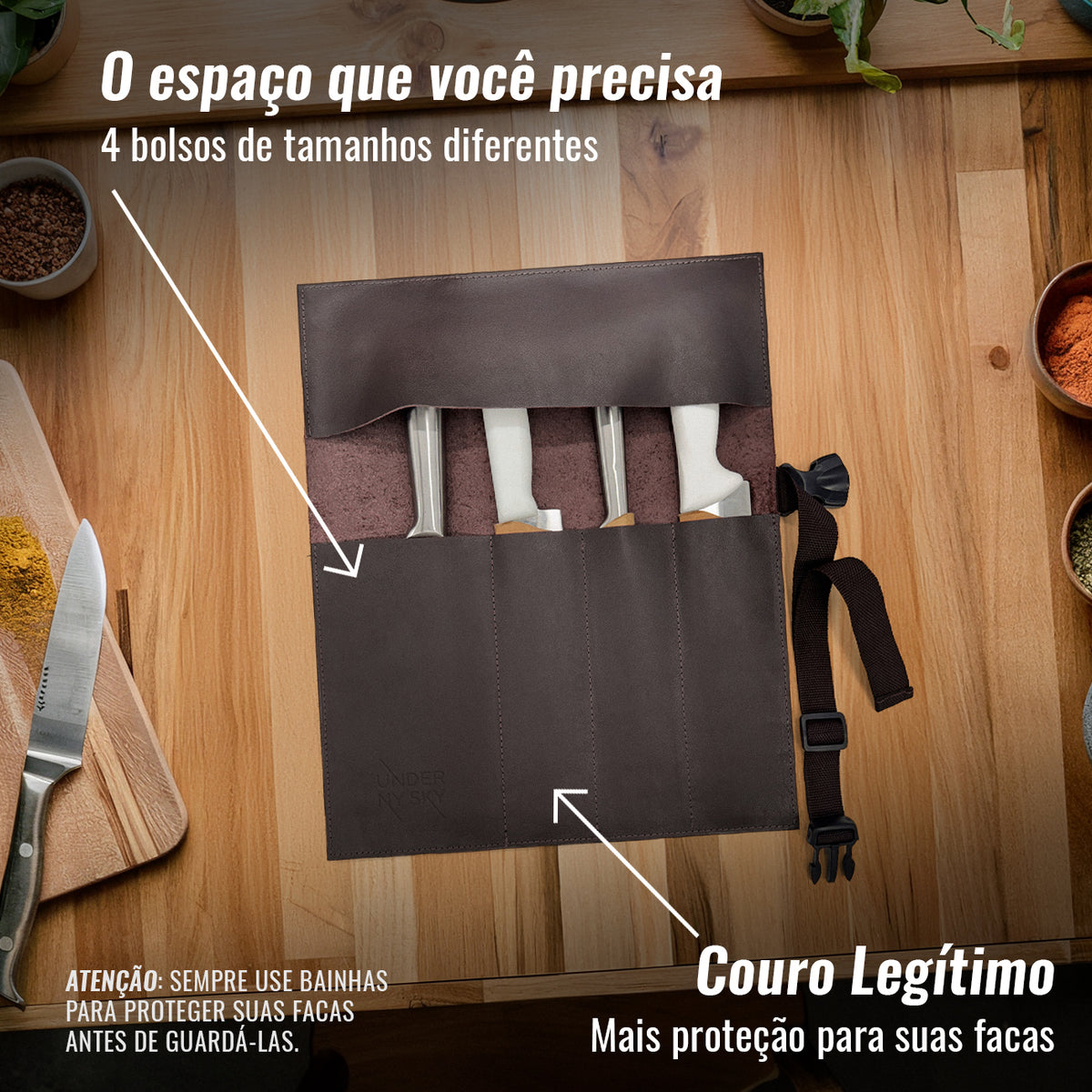 Estojo Porta Facas em Couro Legítimo - 1, 2, 3, 4 ou 6 Bolsos - Estojo Case de Fácil Transporte - Para Facas, Utensílios, Cozinha, Chefs, BBQ -  Under NY Sky