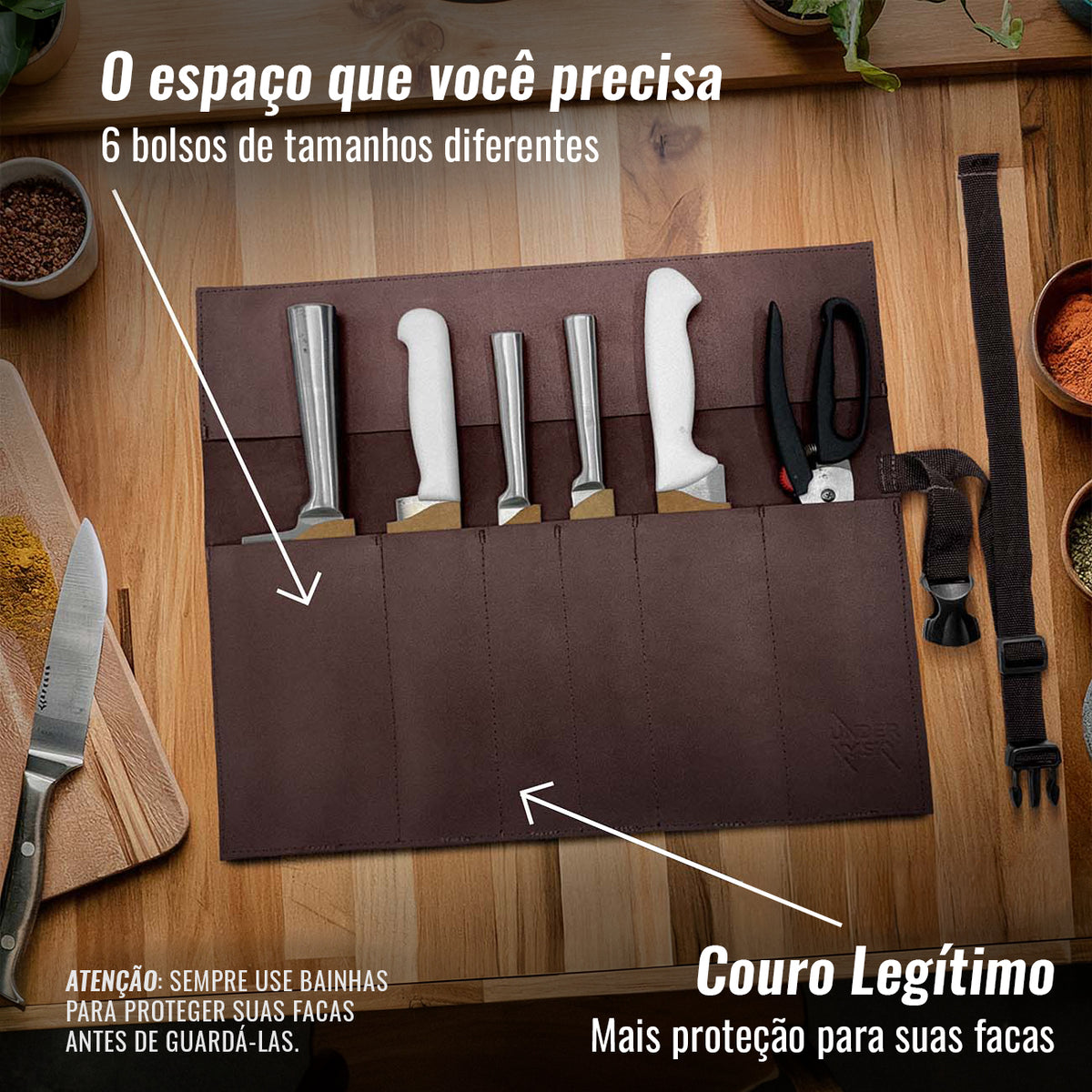 Estojo Porta Facas em Couro Legítimo - 1, 2, 3, 4 ou 6 Bolsos - Estojo Case de Fácil Transporte - Para Facas, Utensílios, Cozinha, Chefs, BBQ -  Under NY Sky