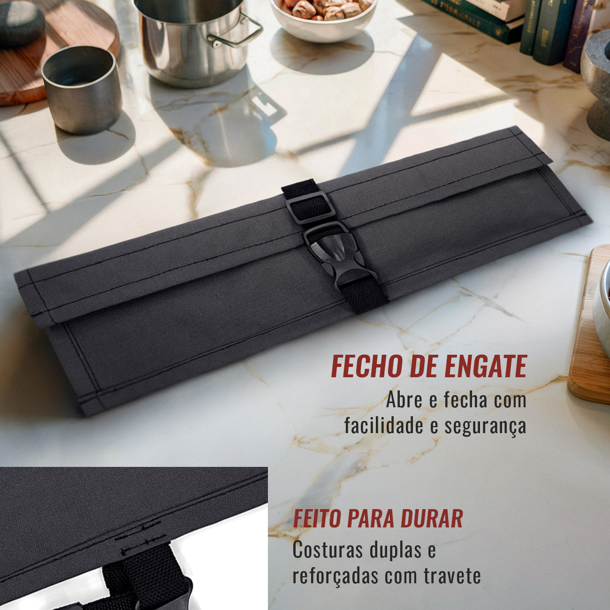 Estojo Porta Faca - 1, 2, 3, 4 ou 6 Bolsos - Bolsa Portátil em Lona Oxford Resistente para Ferramentas de Cozinha, Utensílios, Case Rolo para Facas - Chef, Grill, Churrasco -  Under NY Sky