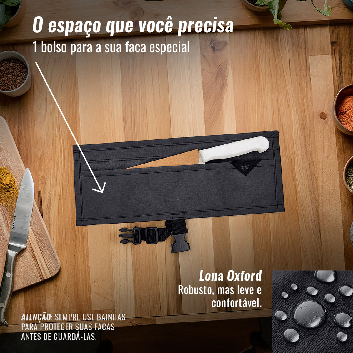 Estojo Porta Faca - 1, 2, 3, 4 ou 6 Bolsos - Bolsa Portátil em Lona Oxford Resistente para Ferramentas de Cozinha, Utensílios, Case Rolo para Facas - Chef, Grill, Churrasco -  Under NY Sky