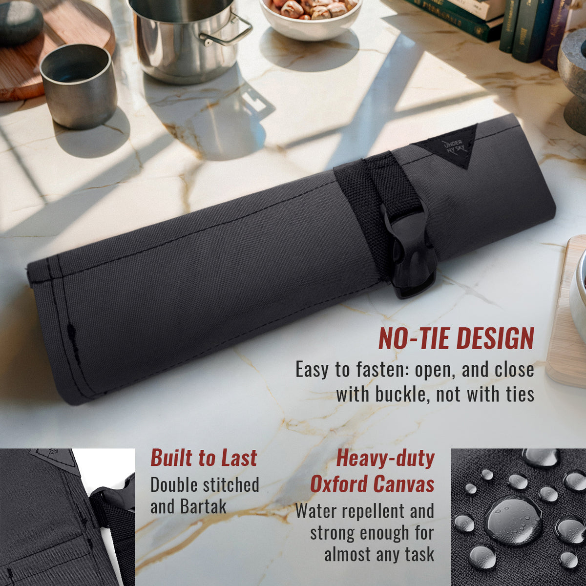 Estojo Porta Faca - 1, 2, 3, 4 ou 6 Bolsos - Bolsa Portátil em Lona Oxford Resistente para Ferramentas de Cozinha, Utensílios, Case Rolo para Facas - Chef, Grill, Churrasco -  Under NY Sky