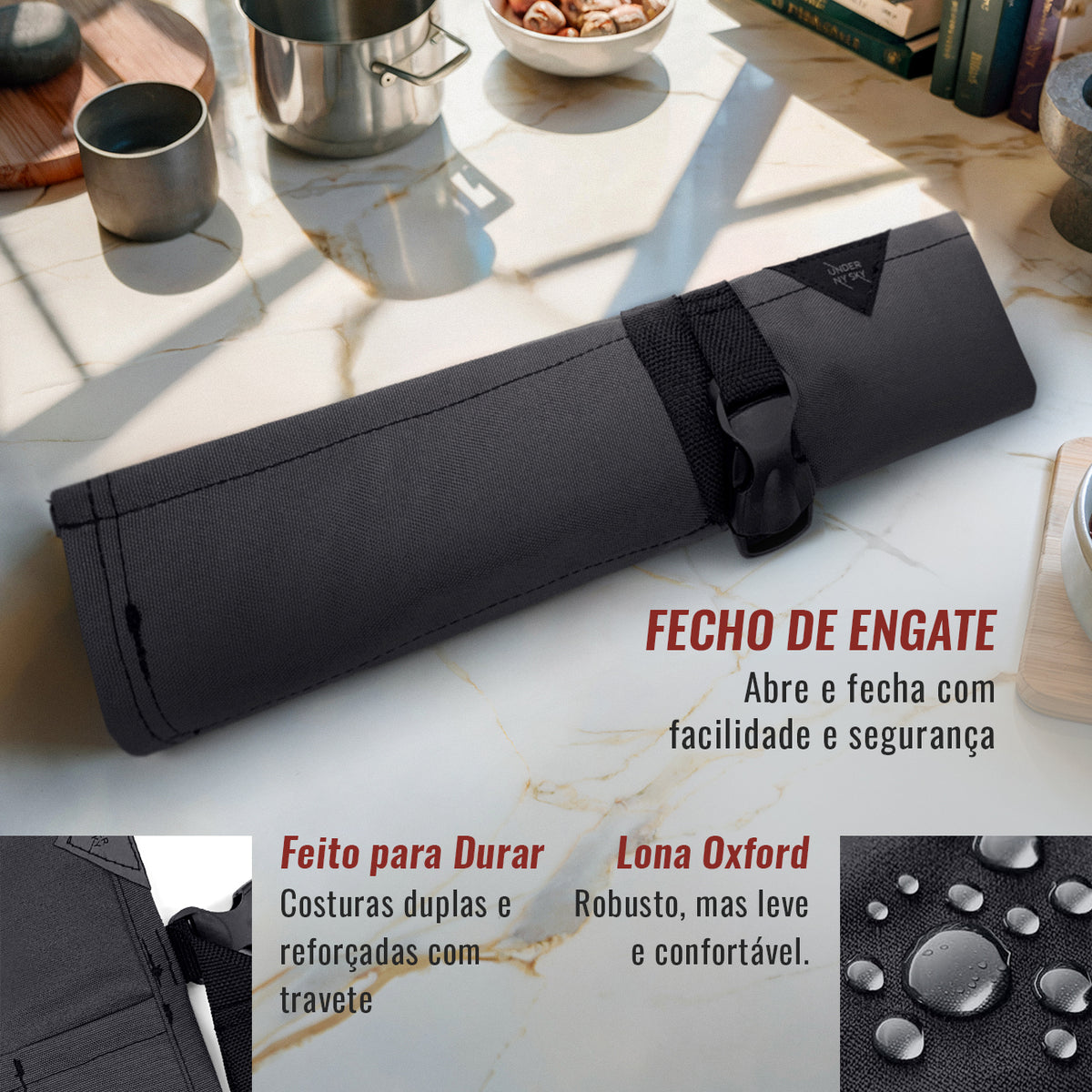 Estojo Porta Faca - 1, 2, 3, 4 ou 6 Bolsos - Bolsa Portátil em Lona Oxford Resistente para Ferramentas de Cozinha, Utensílios, Case Rolo para Facas - Chef, Grill, Churrasco -  Under NY Sky