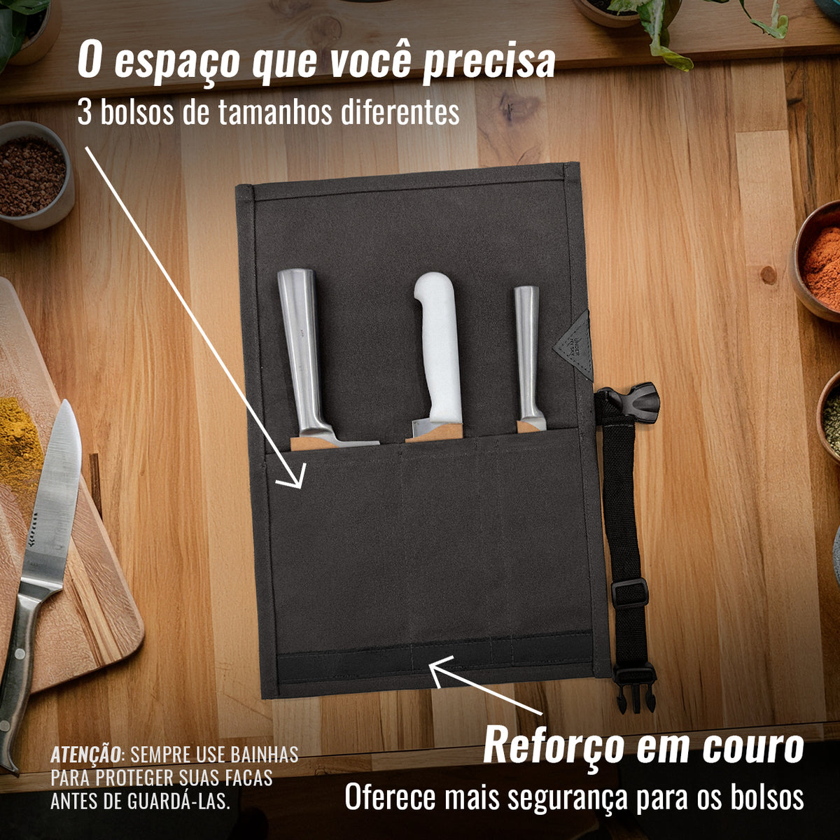 Estojo Porta Faca - 1, 2, 3, 4 ou 6 Bolsos - Bolsa Portátil em Lona Oxford Resistente para Ferramentas de Cozinha, Utensílios, Case Rolo para Facas - Chef, Grill, Churrasco -  Under NY Sky