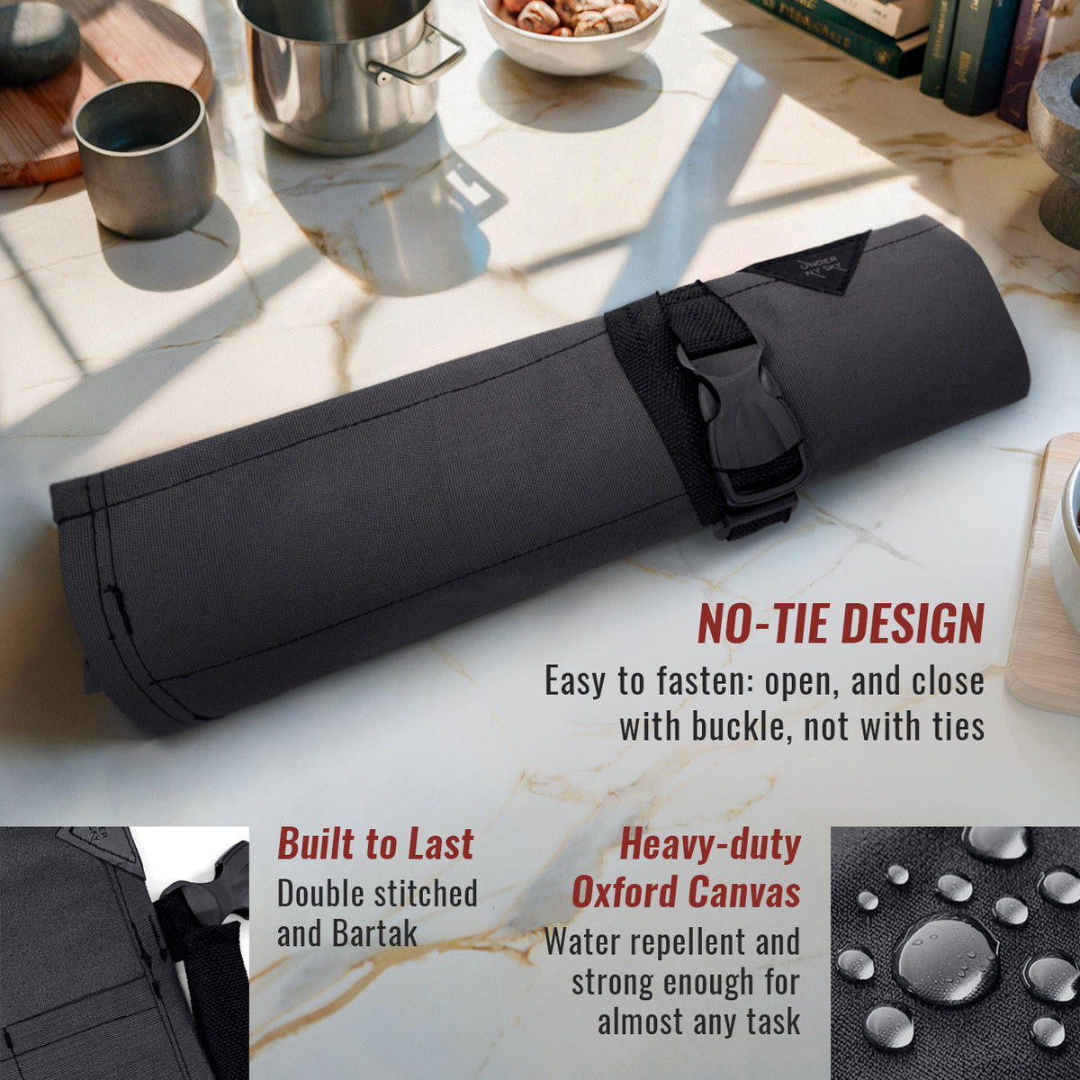 Estojo Porta Faca - 1, 2, 3, 4 ou 6 Bolsos - Bolsa Portátil em Lona Oxford Resistente para Ferramentas de Cozinha, Utensílios, Case Rolo para Facas - Chef, Grill, Churrasco -  Under NY Sky