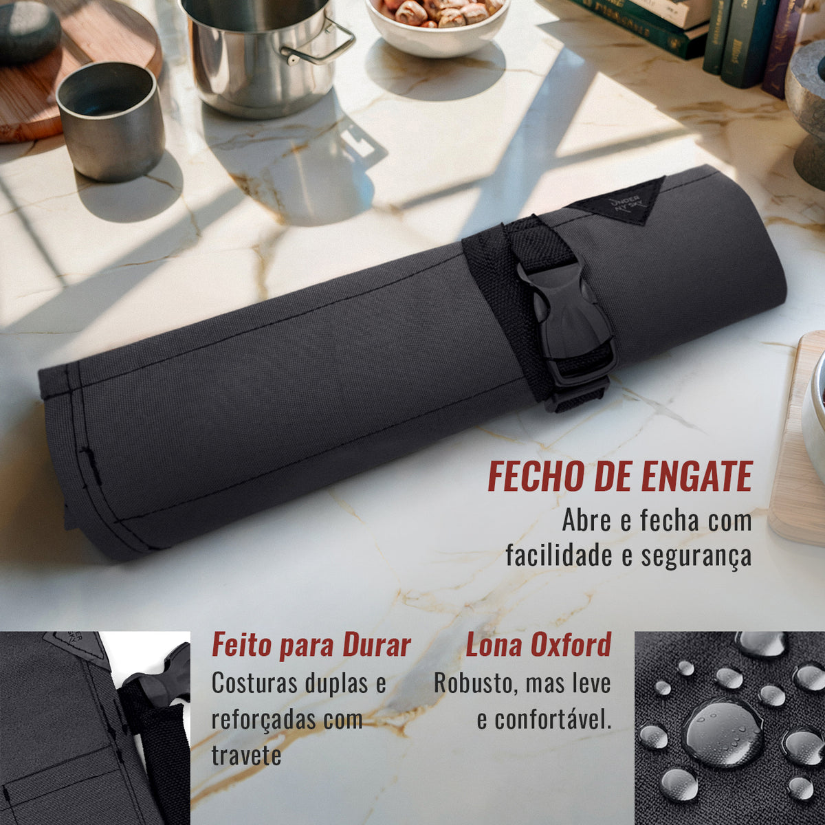 Estojo Porta Faca - 1, 2, 3, 4 ou 6 Bolsos - Bolsa Portátil em Lona Oxford Resistente para Ferramentas de Cozinha, Utensílios, Case Rolo para Facas - Chef, Grill, Churrasco -  Under NY Sky