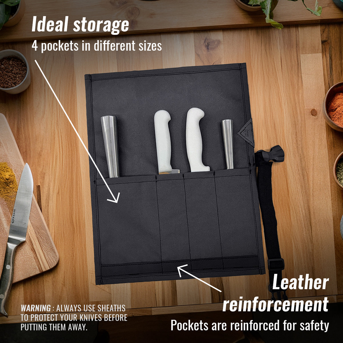 Estojo Porta Faca - 1, 2, 3, 4 ou 6 Bolsos - Bolsa Portátil em Lona Oxford Resistente para Ferramentas de Cozinha, Utensílios, Case Rolo para Facas - Chef, Grill, Churrasco -  Under NY Sky