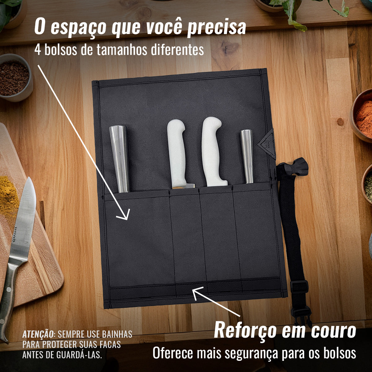 Estojo Porta Faca - 1, 2, 3, 4 ou 6 Bolsos - Bolsa Portátil em Lona Oxford Resistente para Ferramentas de Cozinha, Utensílios, Case Rolo para Facas - Chef, Grill, Churrasco -  Under NY Sky