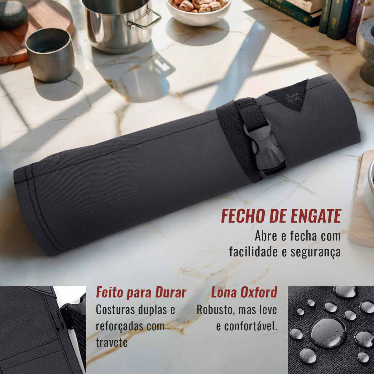 Estojo Porta Faca - 1, 2, 3, 4 ou 6 Bolsos - Bolsa Portátil em Lona Oxford Resistente para Ferramentas de Cozinha, Utensílios, Case Rolo para Facas - Chef, Grill, Churrasco -  Under NY Sky