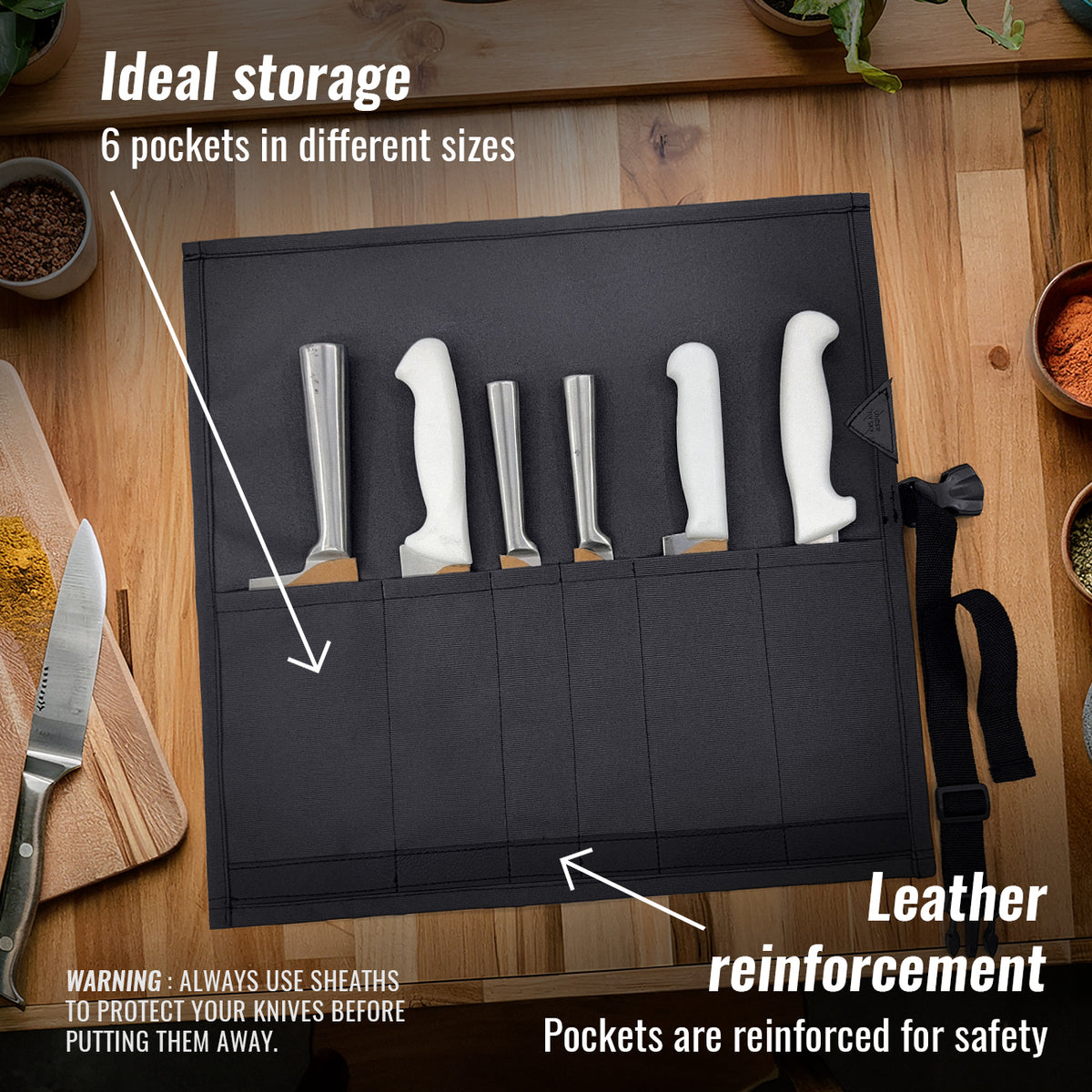 Estojo Porta Faca - 1, 2, 3, 4 ou 6 Bolsos - Bolsa Portátil em Lona Oxford Resistente para Ferramentas de Cozinha, Utensílios, Case Rolo para Facas - Chef, Grill, Churrasco -  Under NY Sky
