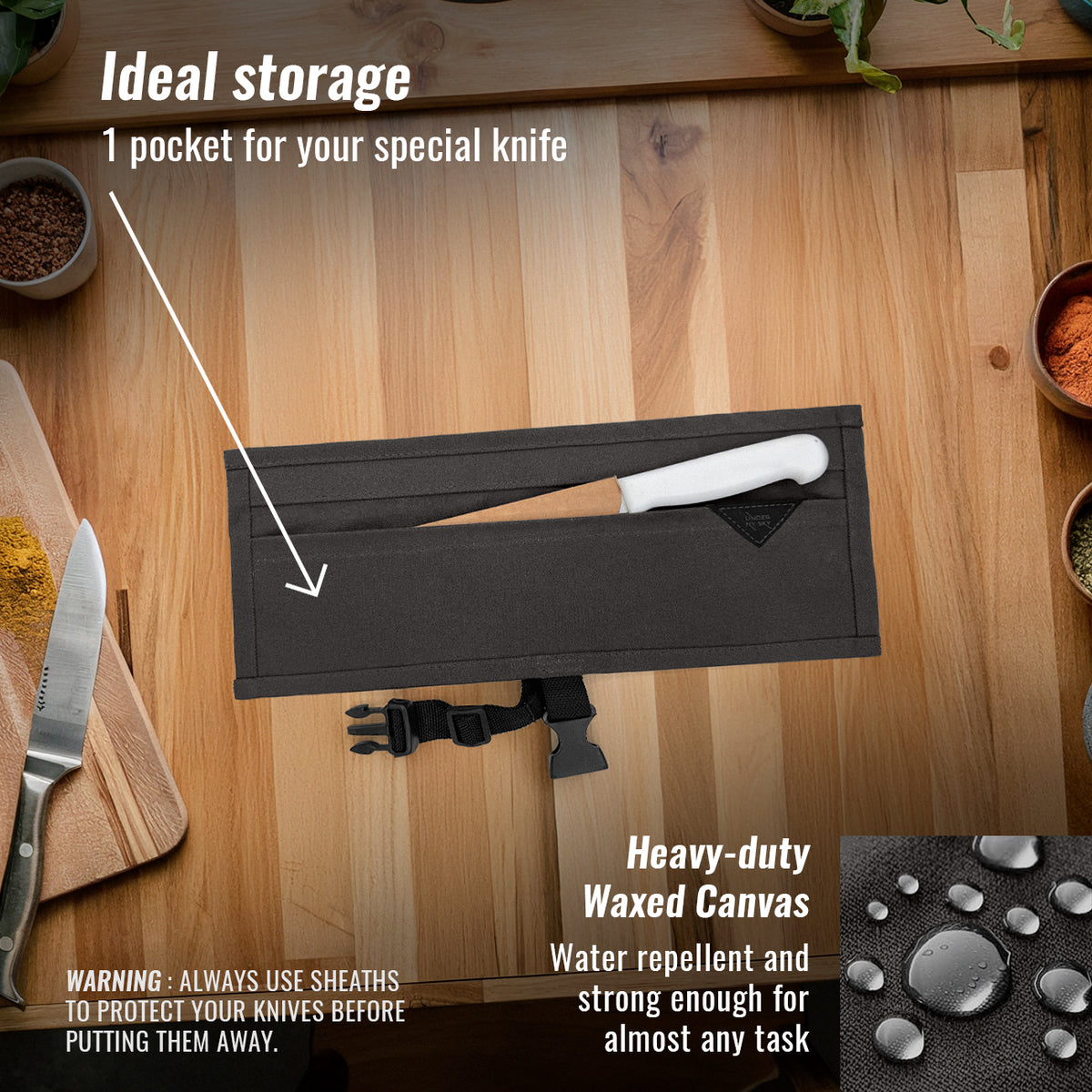Estojo Porta Facas - 1, 2, 3, 4 ou 6 Bolsos - Bolsa Portátil em Lona Parafinada para Ferramentas de Cozinha, Utensílios, Case Rolo para Facas - Chefs, Grill, Churrasco -  Under NY Sky