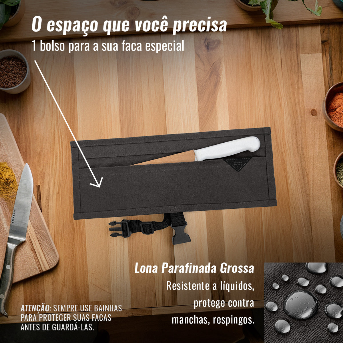 Estojo Porta Facas - 1, 2, 3, 4 ou 6 Bolsos - Bolsa Portátil em Lona Parafinada para Ferramentas de Cozinha, Utensílios, Case Rolo para Facas - Chefs, Grill, Churrasco -  Under NY Sky