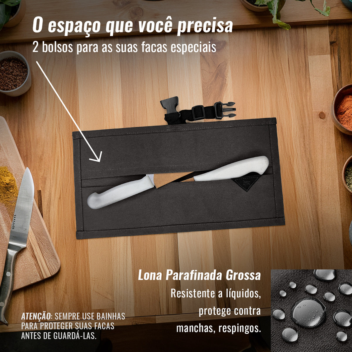 Estojo Porta Facas - 1, 2, 3, 4 ou 6 Bolsos - Bolsa Portátil em Lona Parafinada para Ferramentas de Cozinha, Utensílios, Case Rolo para Facas - Chefs, Grill, Churrasco -  Under NY Sky