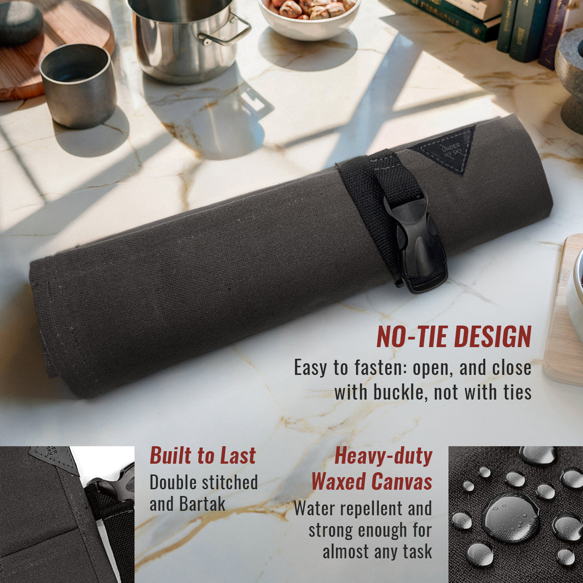 Estojo Porta Facas - 1, 2, 3, 4 ou 6 Bolsos - Bolsa Portátil em Lona Parafinada para Ferramentas de Cozinha, Utensílios, Case Rolo para Facas - Chefs, Grill, Churrasco -  Under NY Sky