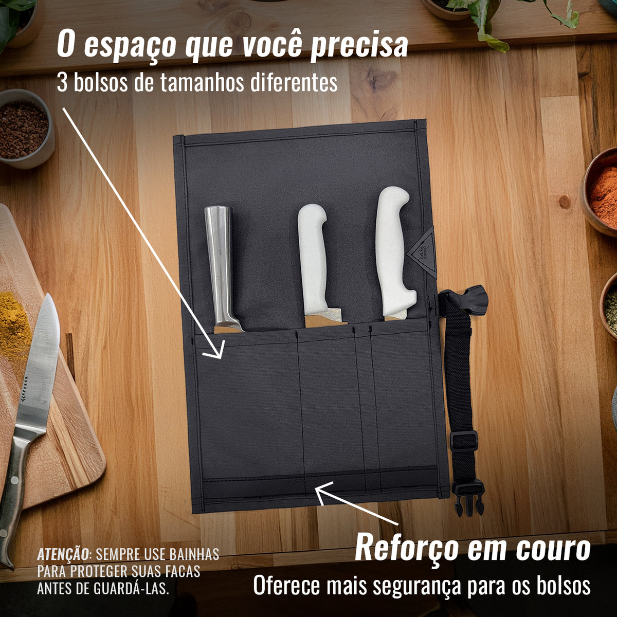 Estojo Porta Facas - 1, 2, 3, 4 ou 6 Bolsos - Bolsa Portátil em Lona Parafinada para Ferramentas de Cozinha, Utensílios, Case Rolo para Facas - Chefs, Grill, Churrasco -  Under NY Sky