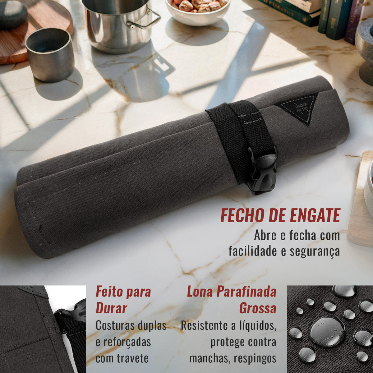 Estojo Porta Facas - 1, 2, 3, 4 ou 6 Bolsos - Bolsa Portátil em Lona Parafinada para Ferramentas de Cozinha, Utensílios, Case Rolo para Facas - Chefs, Grill, Churrasco -  Under NY Sky