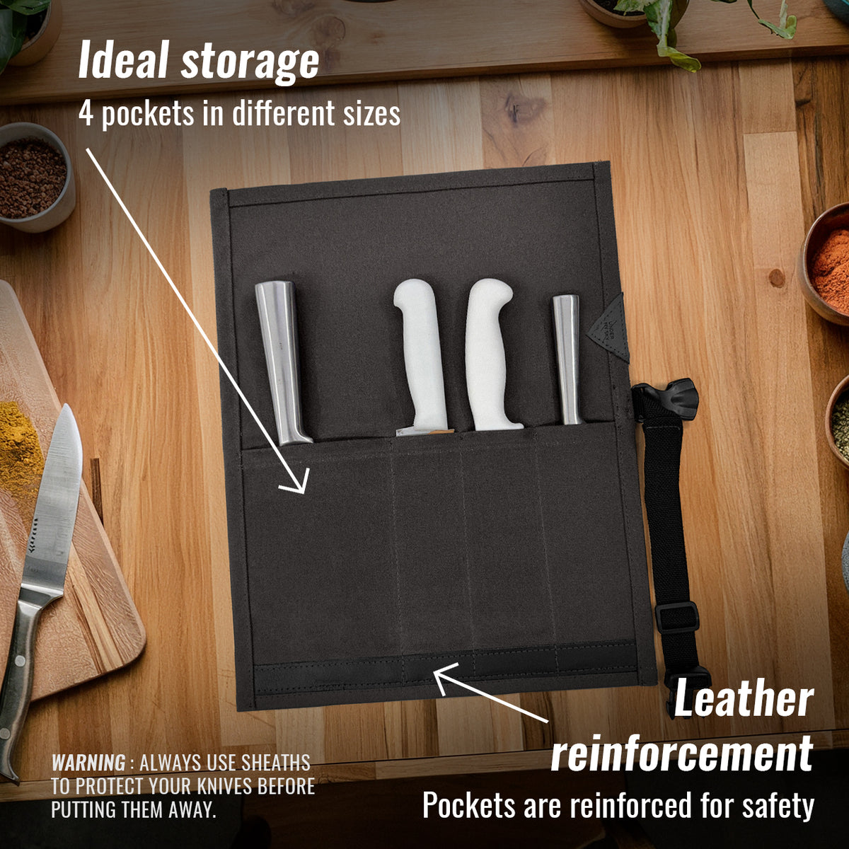 Estojo Porta Facas - 1, 2, 3, 4 ou 6 Bolsos - Bolsa Portátil em Lona Parafinada para Ferramentas de Cozinha, Utensílios, Case Rolo para Facas - Chefs, Grill, Churrasco -  Under NY Sky