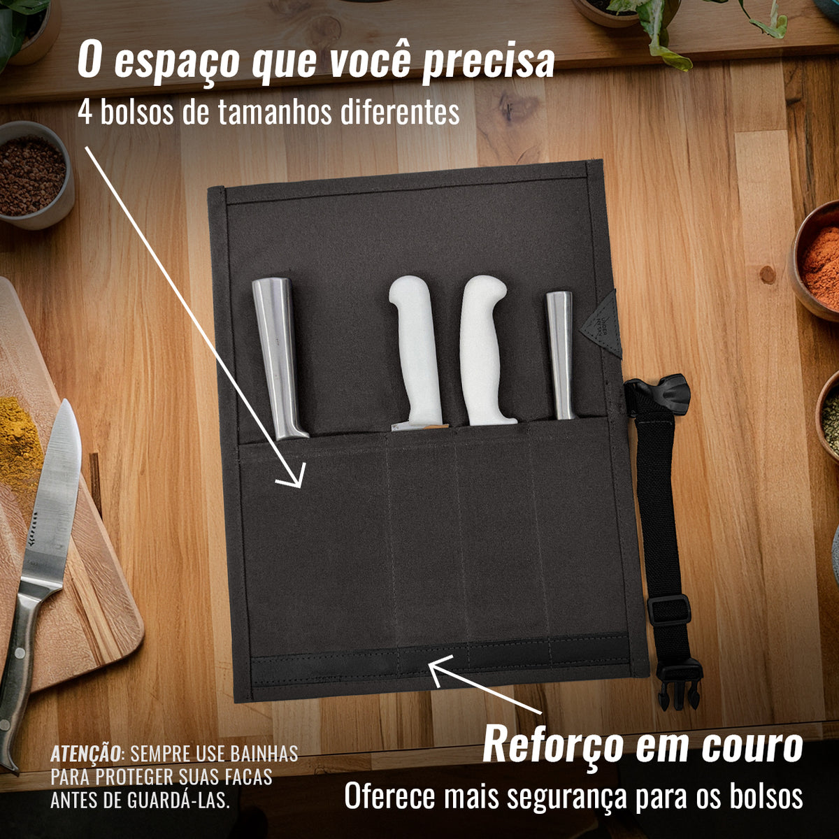 Estojo Porta Facas - 1, 2, 3, 4 ou 6 Bolsos - Bolsa Portátil em Lona Parafinada para Ferramentas de Cozinha, Utensílios, Case Rolo para Facas - Chefs, Grill, Churrasco -  Under NY Sky