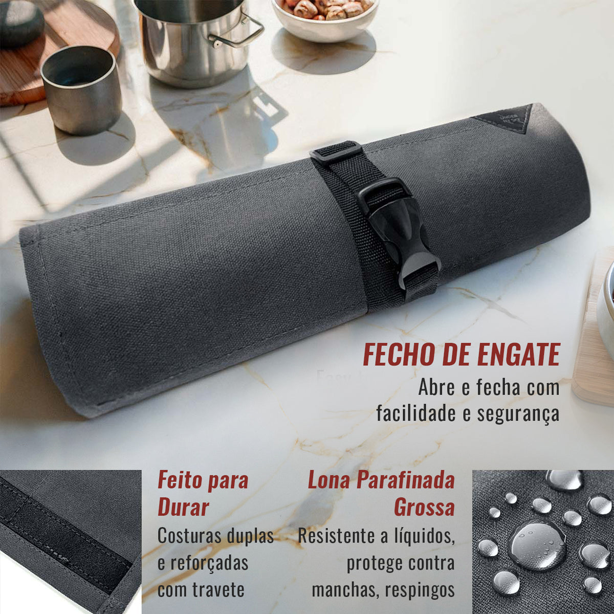 Estojo Porta Facas - 1, 2, 3, 4 ou 6 Bolsos - Bolsa Portátil em Lona Parafinada para Ferramentas de Cozinha, Utensílios, Case Rolo para Facas - Chefs, Grill, Churrasco -  Under NY Sky