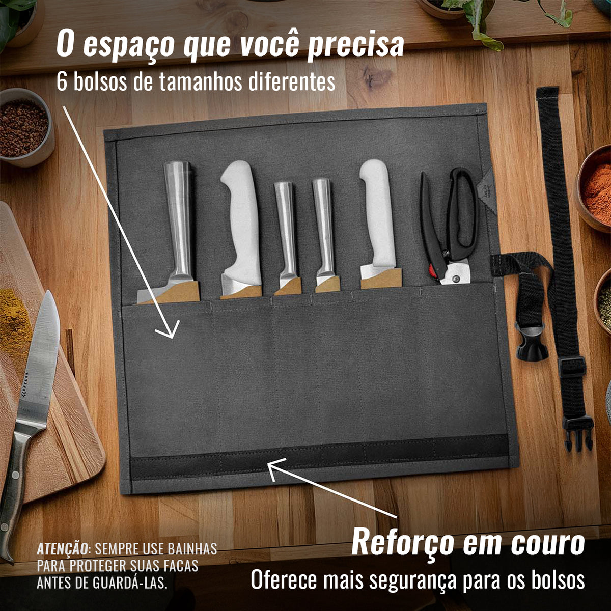 Estojo Porta Facas - 1, 2, 3, 4 ou 6 Bolsos - Bolsa Portátil em Lona Parafinada para Ferramentas de Cozinha, Utensílios, Case Rolo para Facas - Chefs, Grill, Churrasco -  Under NY Sky