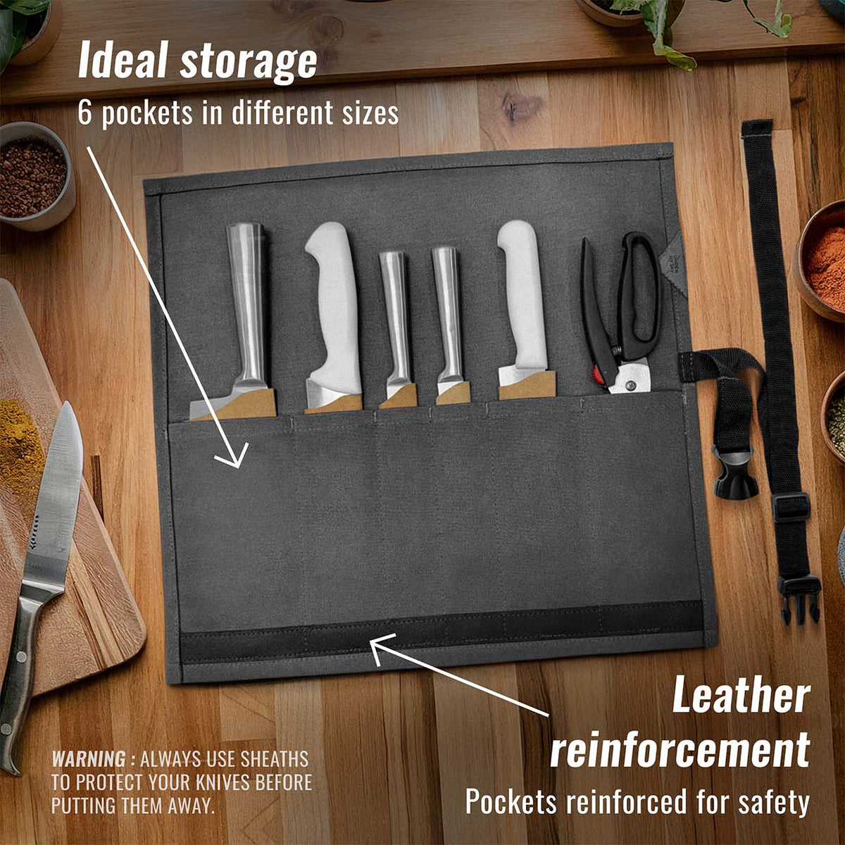 Estojo Porta Facas - 1, 2, 3, 4 ou 6 Bolsos - Bolsa Portátil em Lona Parafinada para Ferramentas de Cozinha, Utensílios, Case Rolo para Facas - Chefs, Grill, Churrasco -  Under NY Sky