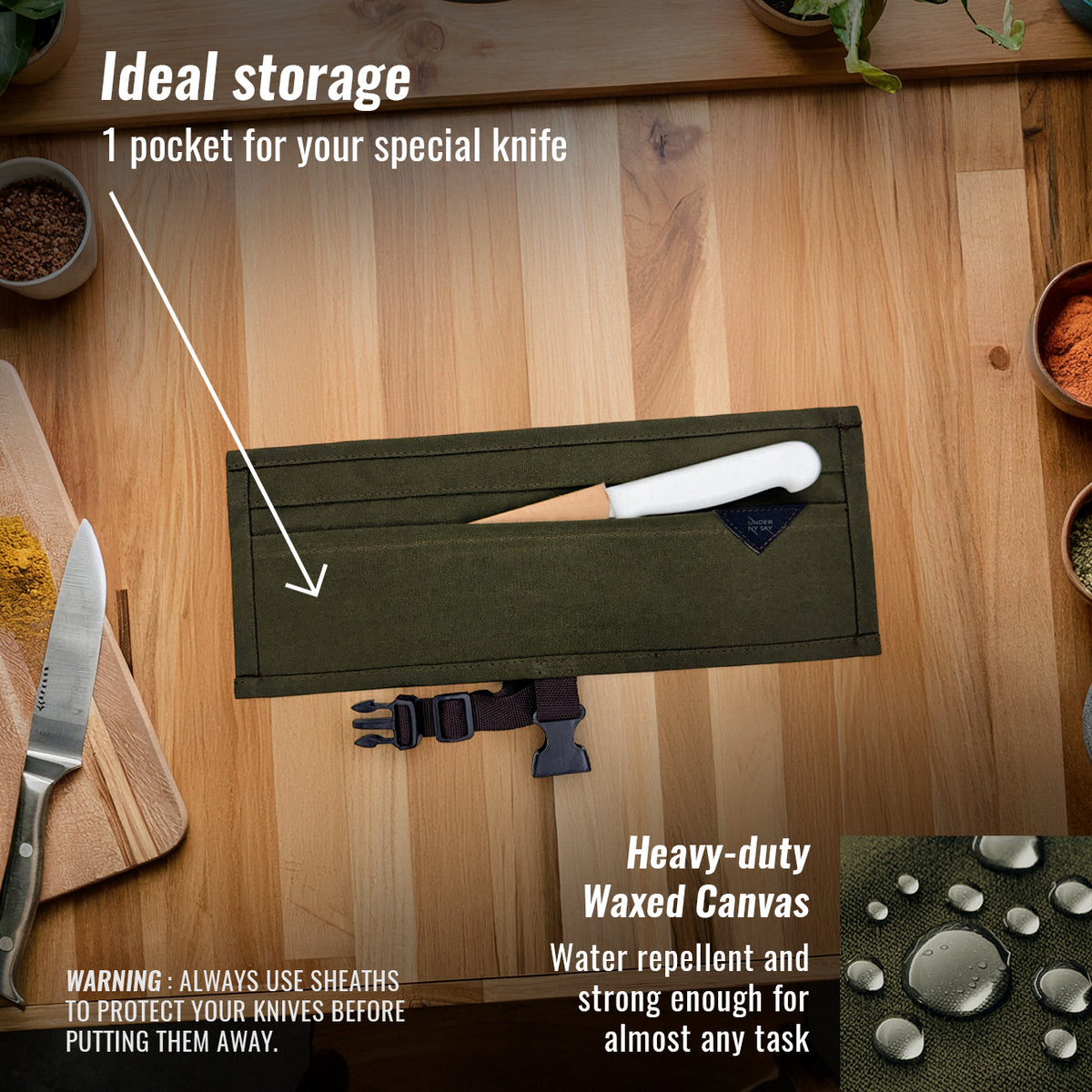 Estojo Porta Facas - 1, 2, 3, 4 ou 6 Bolsos - Bolsa Portátil em Lona Parafinada para Ferramentas de Cozinha, Utensílios, Case Rolo para Facas - Chefs, Grill, Churrasco -  Under NY Sky