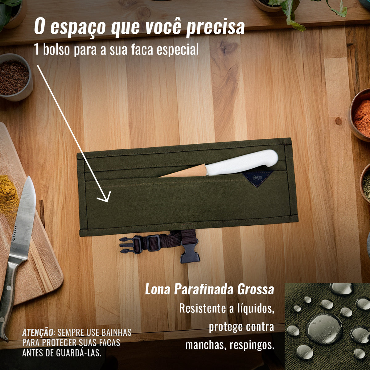 Estojo Porta Facas - 1, 2, 3, 4 ou 6 Bolsos - Bolsa Portátil em Lona Parafinada para Ferramentas de Cozinha, Utensílios, Case Rolo para Facas - Chefs, Grill, Churrasco -  Under NY Sky